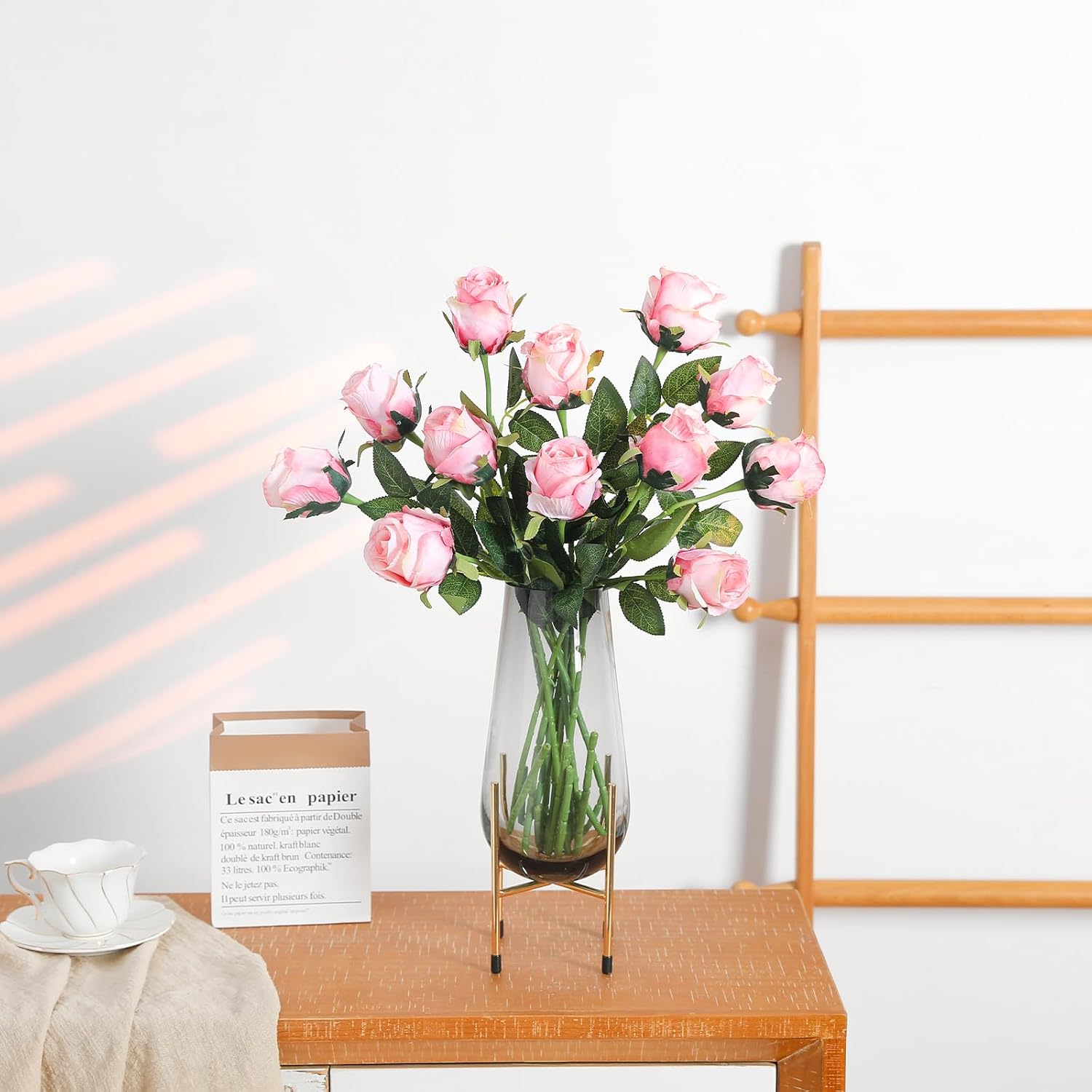 12Pcs Realistic Fake Light Pink Roses Faux Flowers with Long Stems, Artificial Silk Rose Flowers for Valentines Day Home Wedding Decor Bridal Bouquet