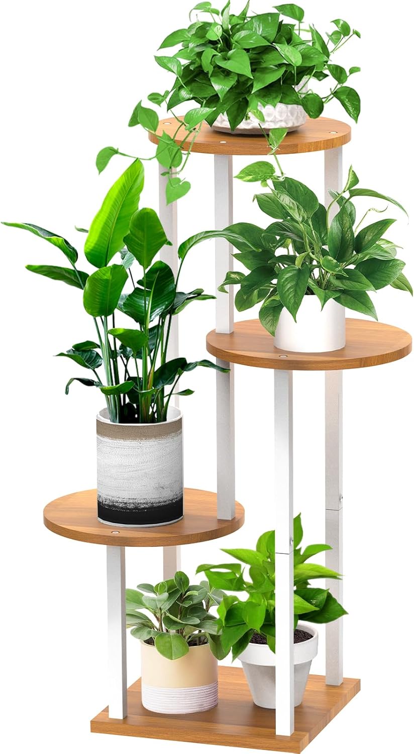 4 Tier Wood Tall Plant Stand Metal Rack Indoor, Multiple Flower Pot Holder Shelves Corner Rack, Round Planter Shelf Display Rack Storage Organizer for Patio Living Room Balcony(White)