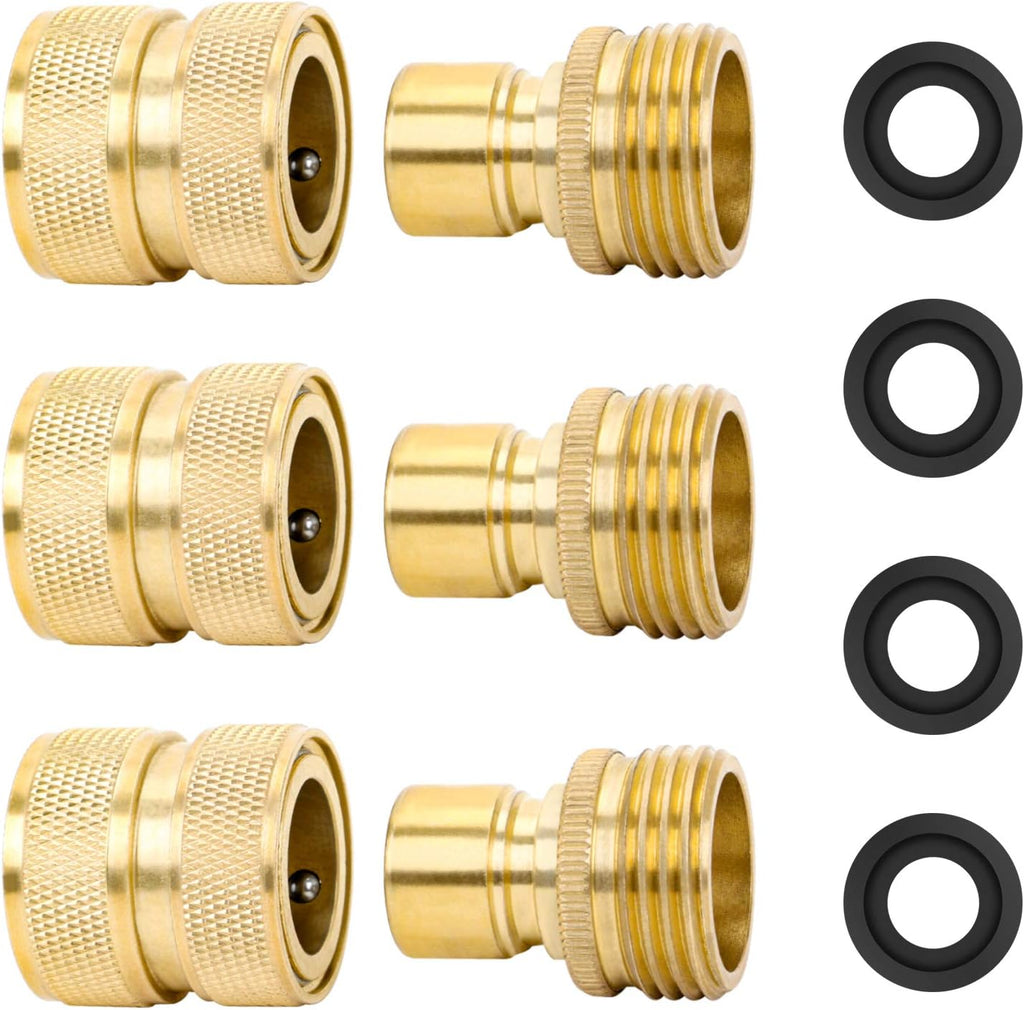 STYDDI Brass Full Flow Garden Hose Quick Release Connect Adaptor Fitting, Full Port Solid Brass Outdoor Water Hose Quick Disconnect Connector Coupler with Male and Female, with 4 Hose Washers - 3 Sets