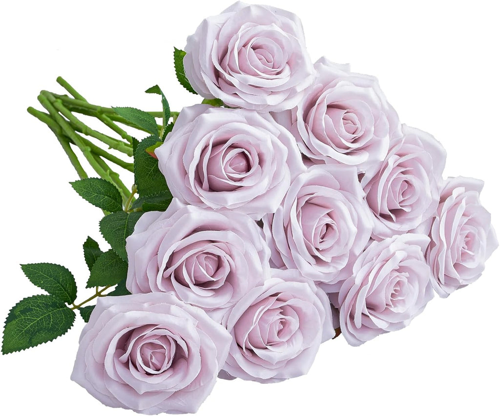 Artificial Rose 10pcs Open Flower Bouquet Faux Rose Stems for Wedding Arrangement, Bridal Bouquet, Centerpiece, Fake Faux Silk Flowers (Dusty Purple)