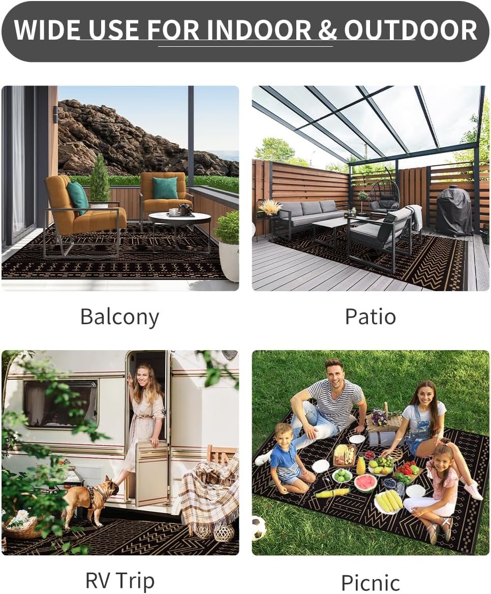 Outdoor Rug Carpet Waterproof 8x10 ft Patio Rug Mat Indoor Outdoor Area Rug for RV Camping Picnic Reversible Lightweight Plastic Straw Outside Rug for Patio Decor Decoration Boho Rug Black Brown