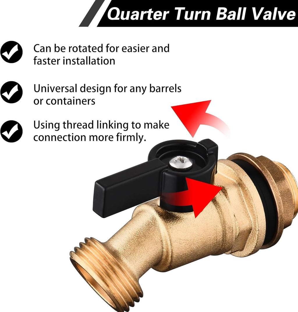 Brass Water Container Rain Barrel Faucets Lead-Free Compliant Spigot Bulkhead Fitting 1/2" Inlet to 3/4"GHT Male Thread Outlet with Quarter Turn Ball Valve Include Bulkhead Fitting and Washers