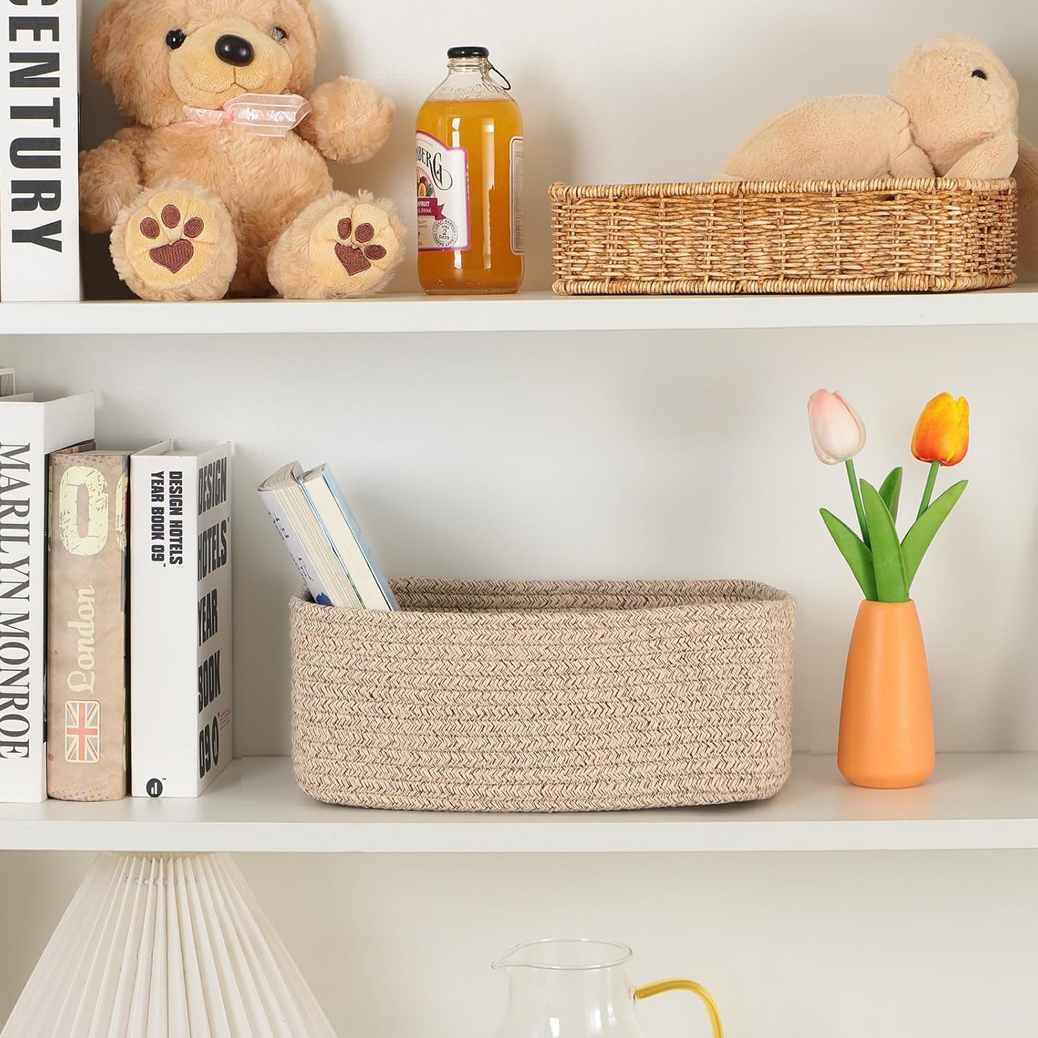 Small Storage Baskets for Organizing | Closet Organizer Bins | Shelf Toy Basket | Woven Rope Baskets | Cube Decorative Box | Shallow Basket | 11.5x7.5x4.7” | 4 Packs Mixed Brown