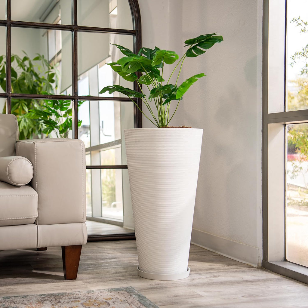 XBrand Modern 28-Inch Tall Round Planter, Modern Tapered Planter Perfect for Indoor & Outdoor Planter, Patio Décor, White