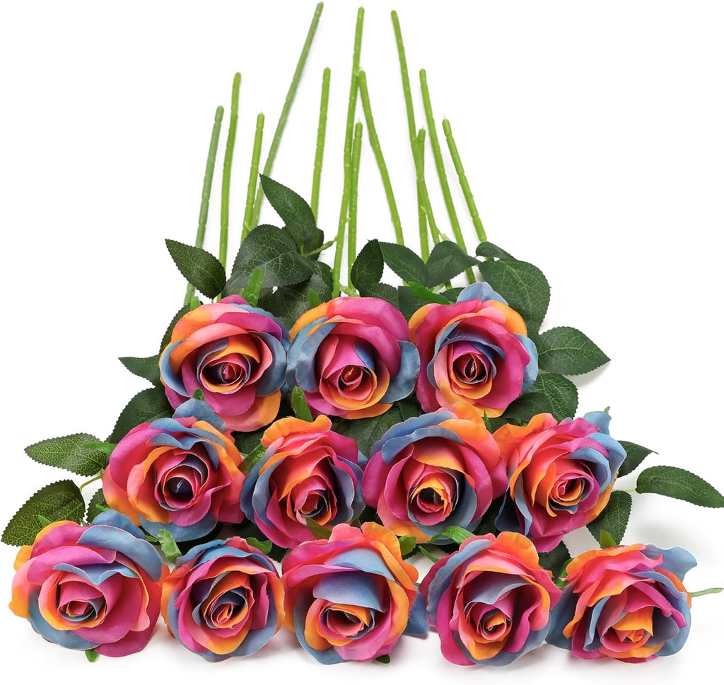 Rainbow Fake Roses Artificial Flowers - 10 Pcs Fake Artificial Roses Silk Flowers with Stems for Home Wedding Hotel Office Centerpiece Decor（Rainbow）
