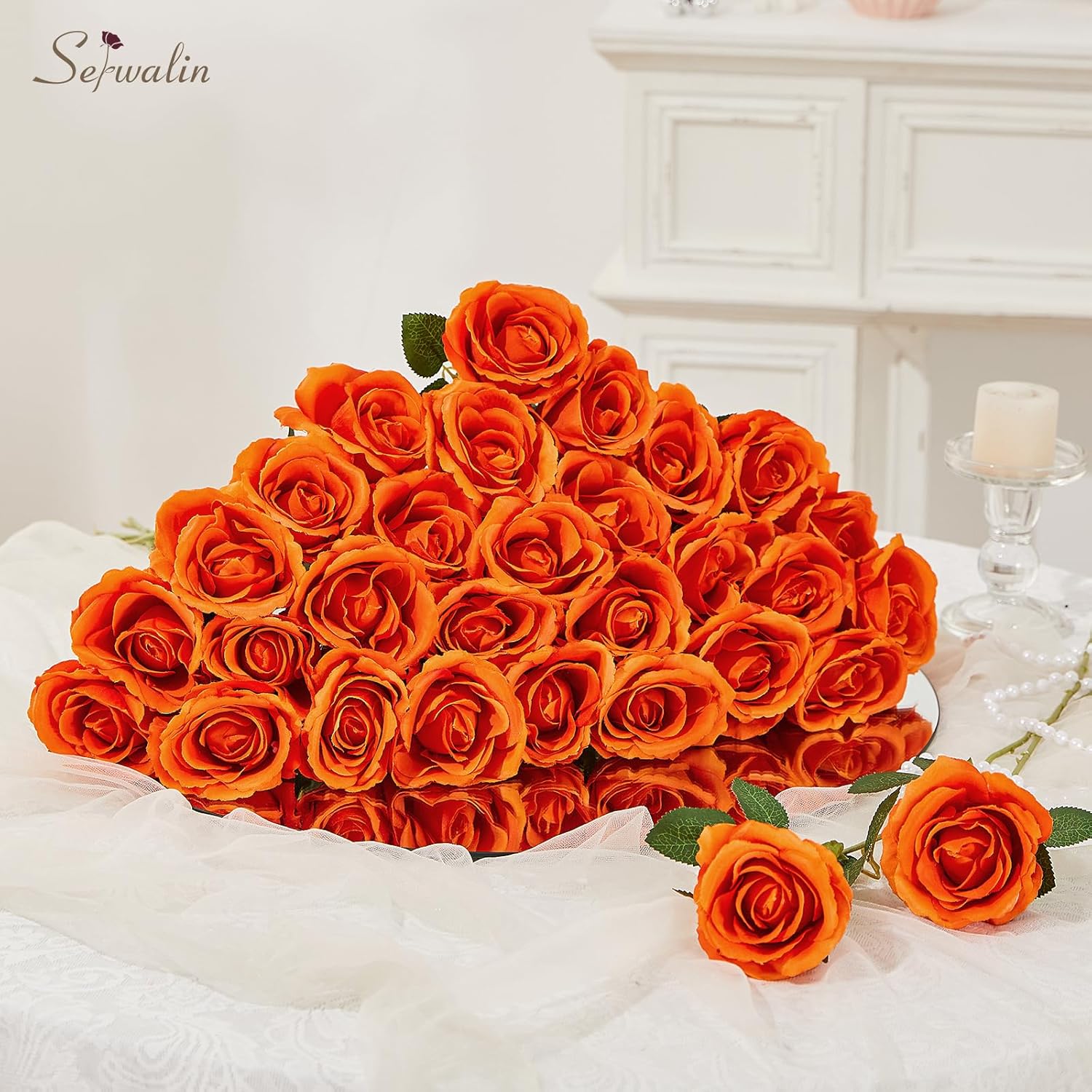 Serwalin 30pcs Artificial Roses Flowers, Orange Fake Roses with Long Stems Realistic Silk Roses for Wedding Bridal Bouquet Arrangement Centerpieces Party Home Decor