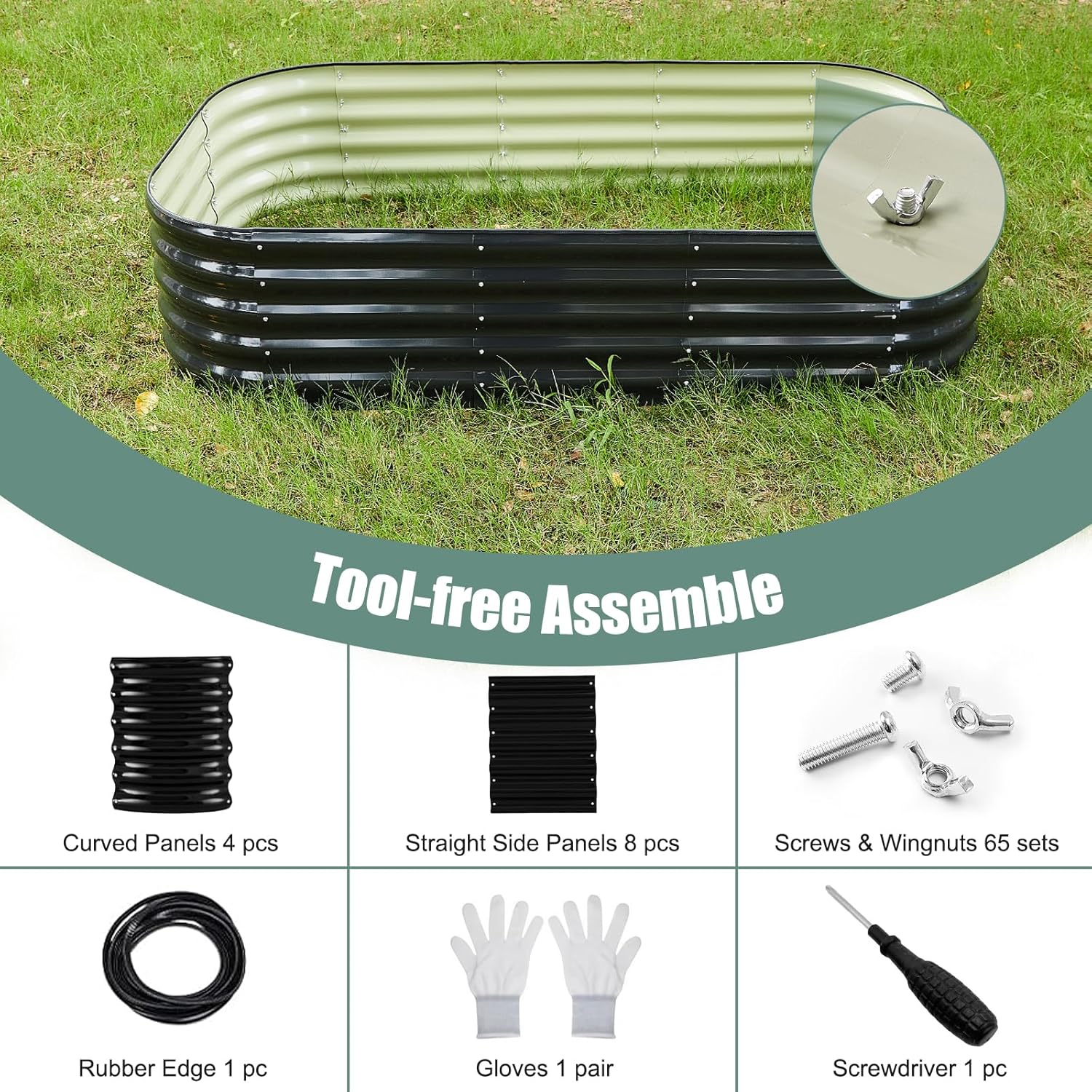 Galvanized Steel Raised Garden Bed 8x2ft Oval - 17" Tall 9-in-1 Modular Planter Box for Vegetables/Flowers, Rust-Proof Metal Outdoor Planters Rubber Edging (Black)