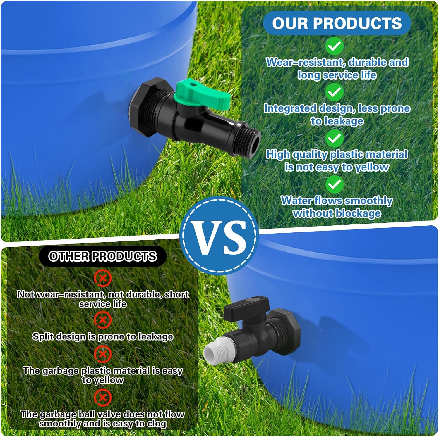 Plastics Rain Barrel Spigot Kit,High Flow Valve Core Water Tank Faucet+PVC Bulkhead Fitting,Straight Head 3/4 NPT to 3/4 GHT Rain Barrel Spigot for Plastic Bucket rainwater Drum Container