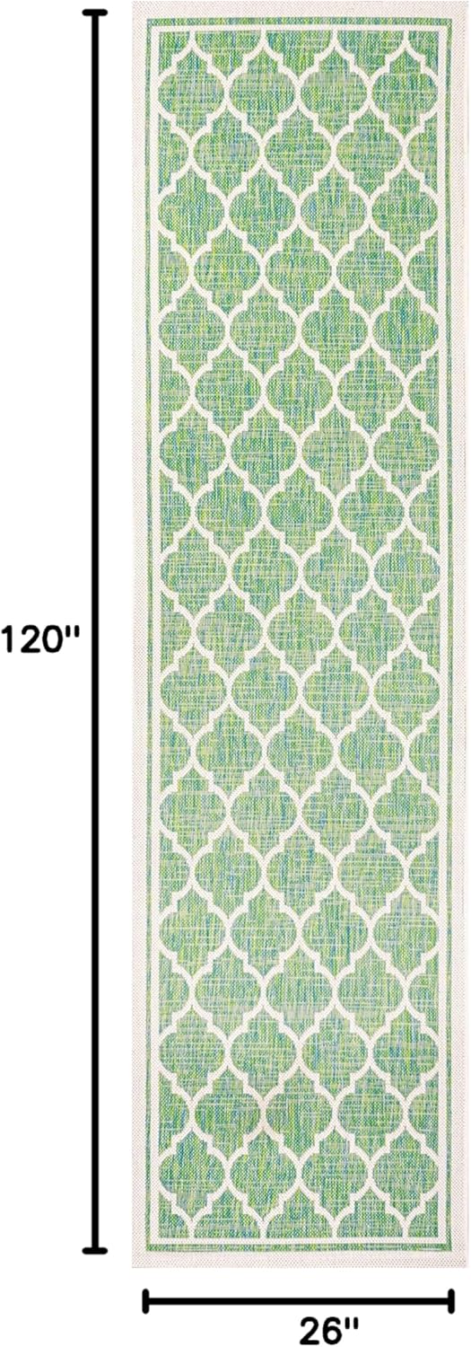 Eyely BMS109I-210 Santa Monica Trebol Moroccan Trellis Textured Weave Indoor/Outdoor Runner Rug Coastal;Bohemian, Bedroom, Backyard, Patio, Easy-Cleaning, Non-Shedding, 2 X 10, Cream/Green