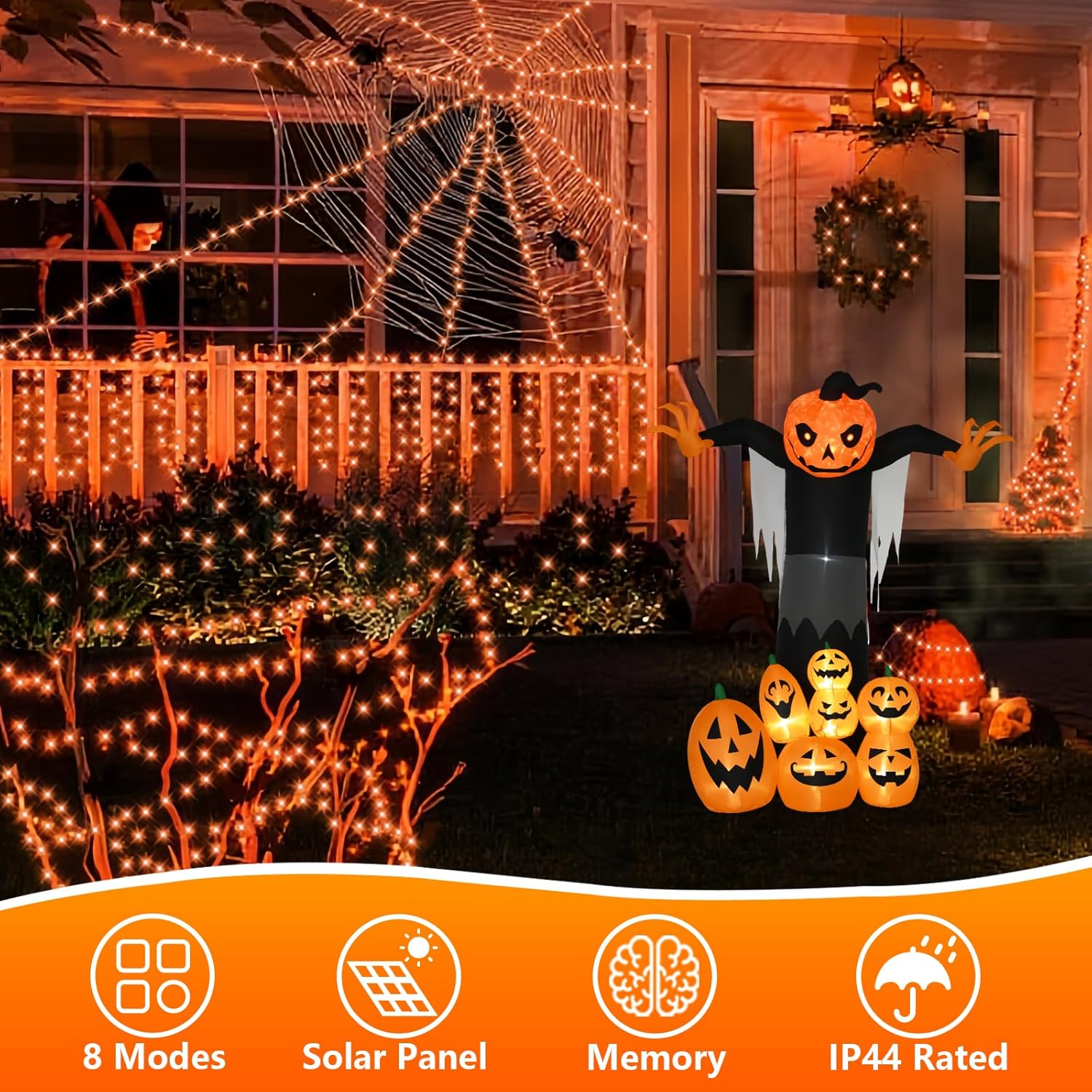 QITONG Orange Solar Halloween Lights Outdoor Waterproof, 2 Pack Each 66ft 200 LED String Lights, Silver Wire Orange Lights for Halloween with 8 Modes