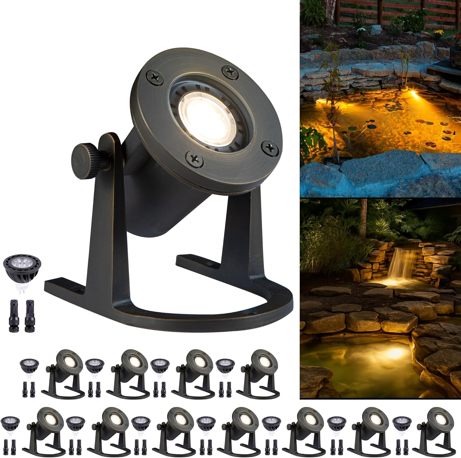 Solid Brass Underwater Pond Light - 12V Low Voltage IP68 Submersible Bronze Fixture, with 3000K MR16 LED for Outdoor Pond Fountain Waterfall Landscape Lighting(12 Pack)
