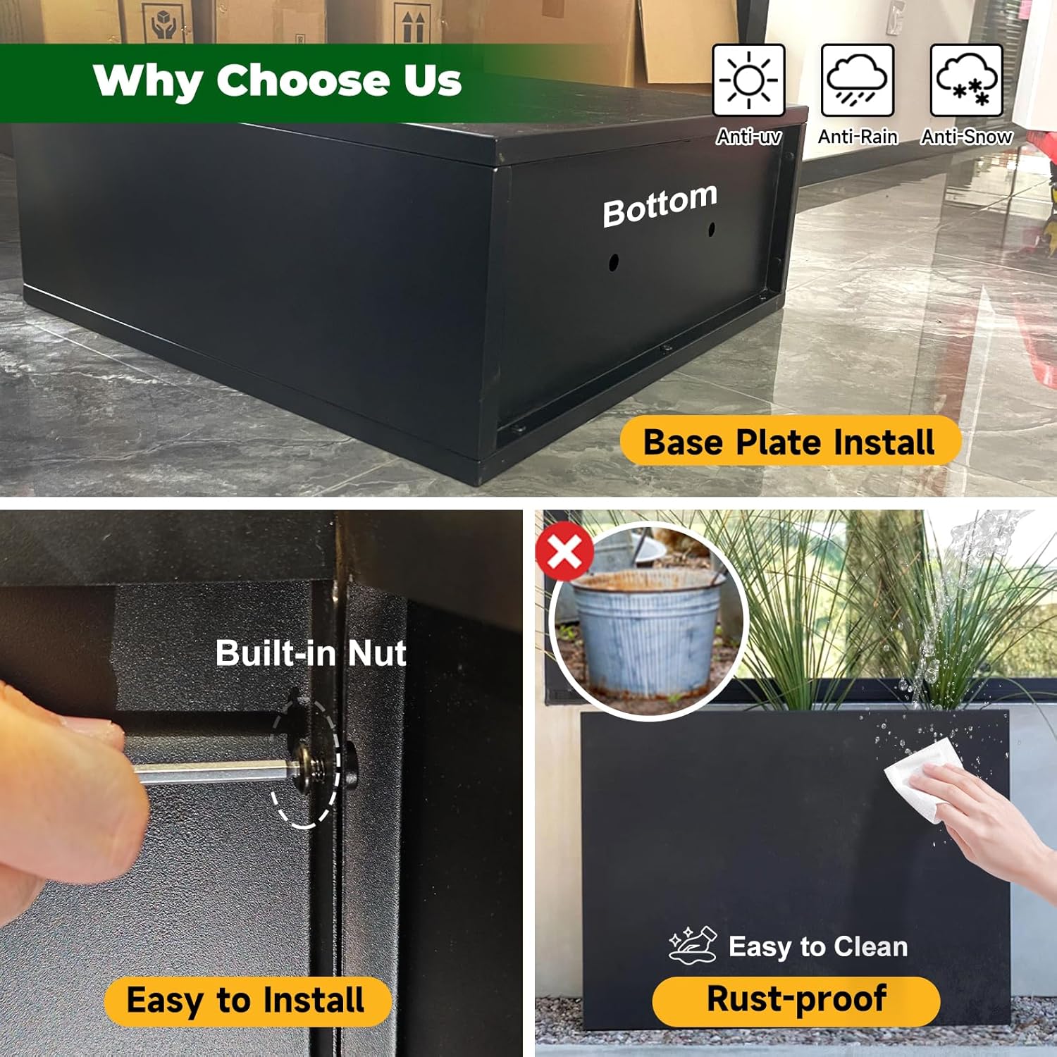 Galvanized Steel Metallic Heavy Planter for Outdoor Plants Metal Outdoor Planter Spliced Flower Box with Partitions for Outside,Indoor,Garden (Black, 32 * 15 * 24)