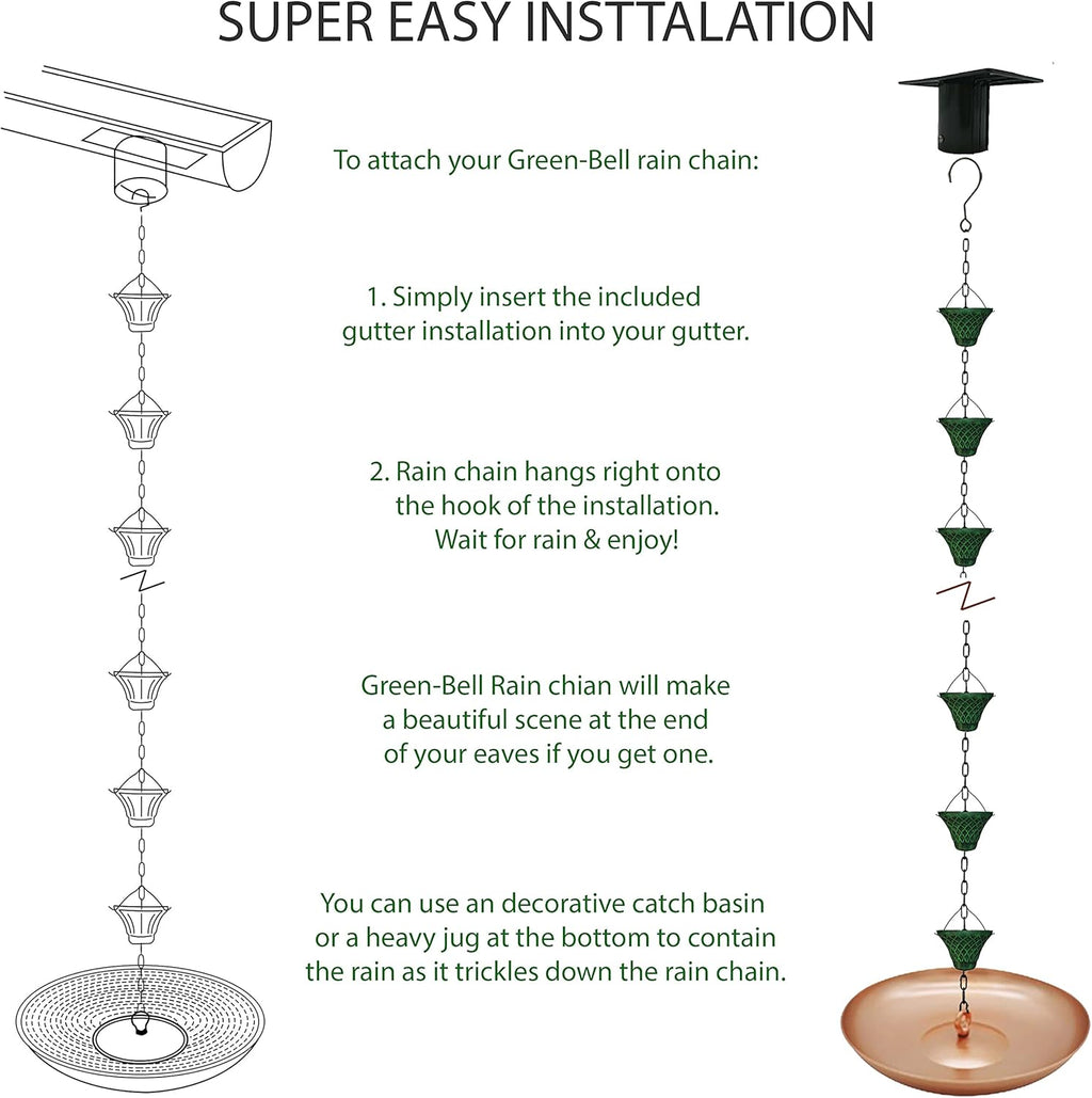 8.5FT Bell Iron Rain Chains for Gutter and Rain Barrel, Rust-Resistant Plated Garden Décor for Downspout, Bonus Rain Chain Gutter Adapter (Antique-Green)