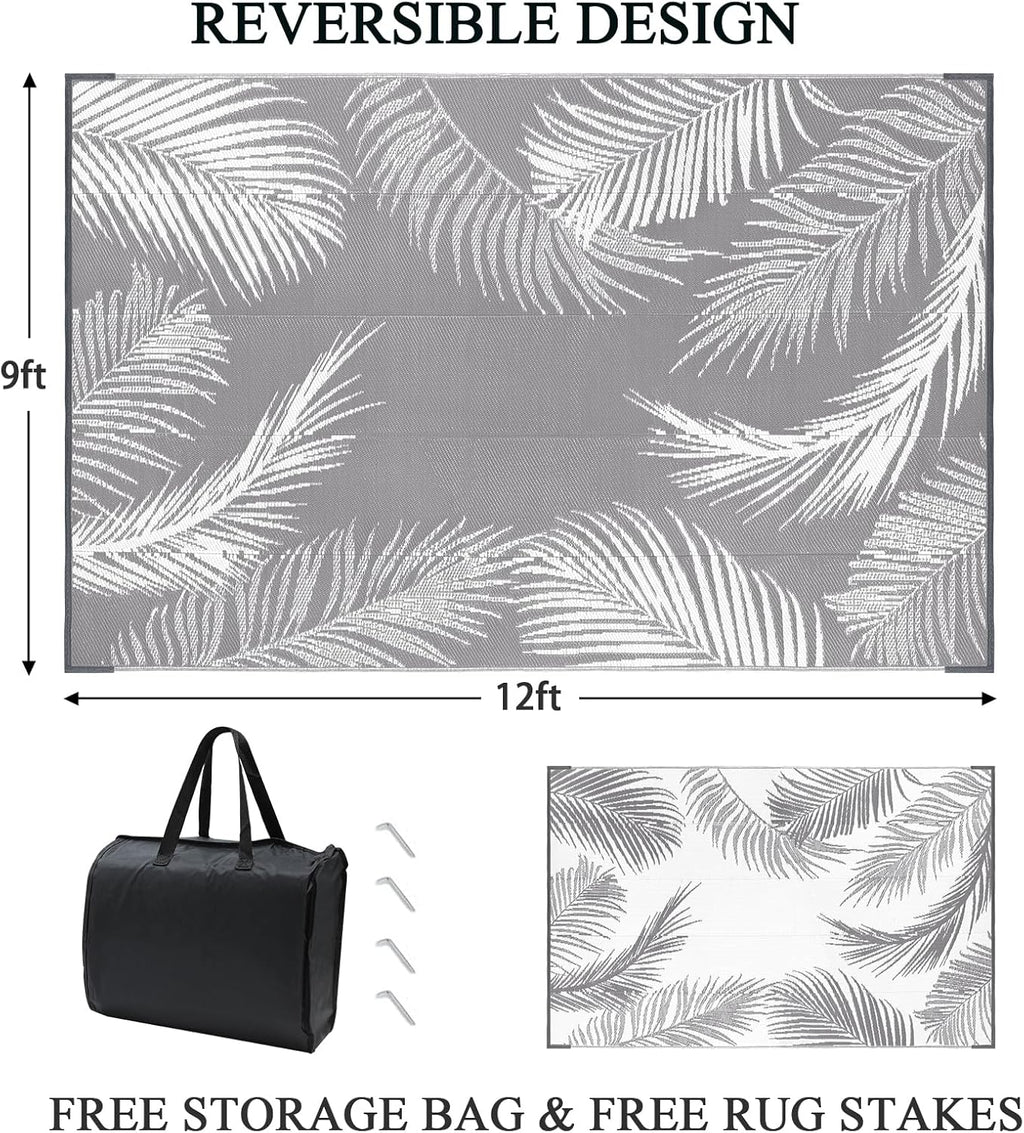 Pauwer Waterproof Outdoor Rug 9x12, Reversible Plastic Straw Patio Camping Rug, Indoor Outdoor RV Mat Carpet for Deck, Camper, Porch, Balcony, Backyard, Picnic, Leaf Grey