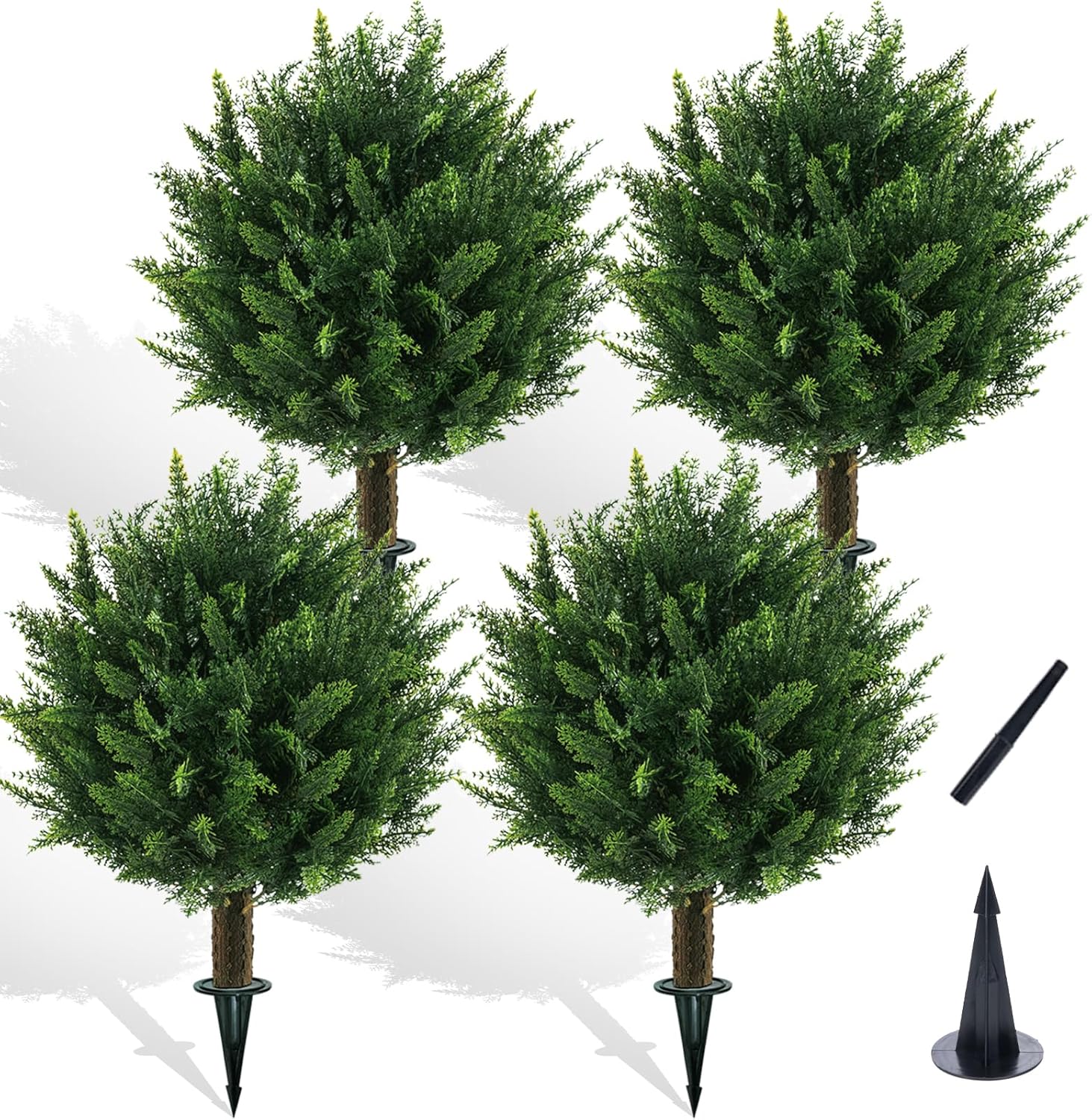 21" Artificial Cypress Topiary Outdoor Plants with Spike, 4 Pack Faux Cedar Bushes UV Resistant Fake Shrubs for Front Porch Décor