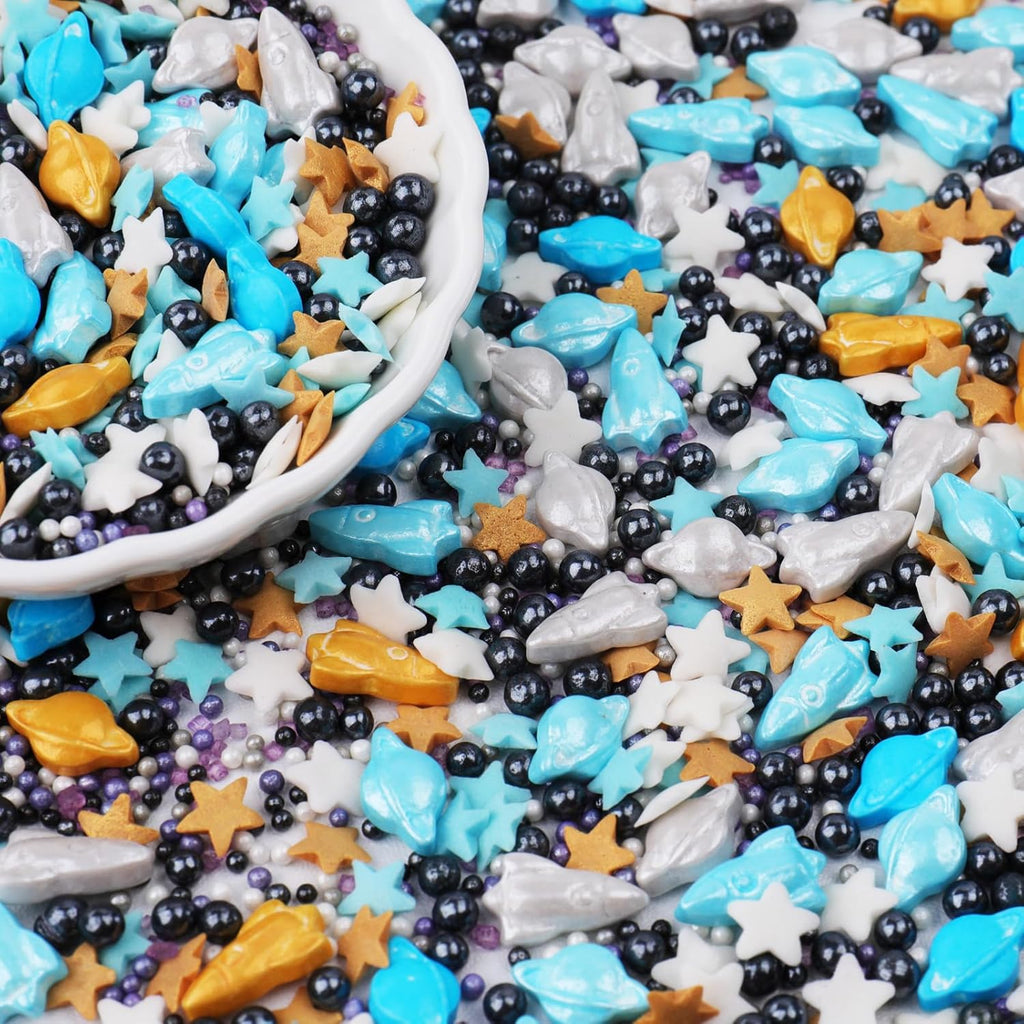 Space themed Sprinkles for Cake Decorating, Rocket, Planet, Star & Pearl Sugar Mix for Baking Cupcakes, Cookies, Donuts & Ice Cream, Birthday Party Supllies