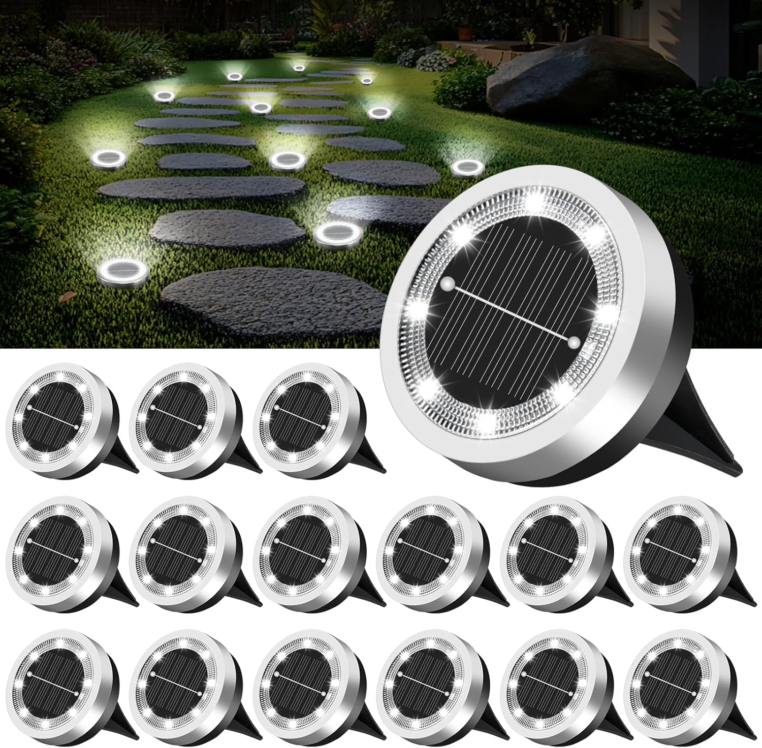 Mini Solar Ground Lights 16 Pack Outdoor IP65 Waterproof Solar Flat Garden Light Solor Powered Disc Pathway Lights for Outside Walkway Yard Landscape Patio Lawn Driveway-Cool White