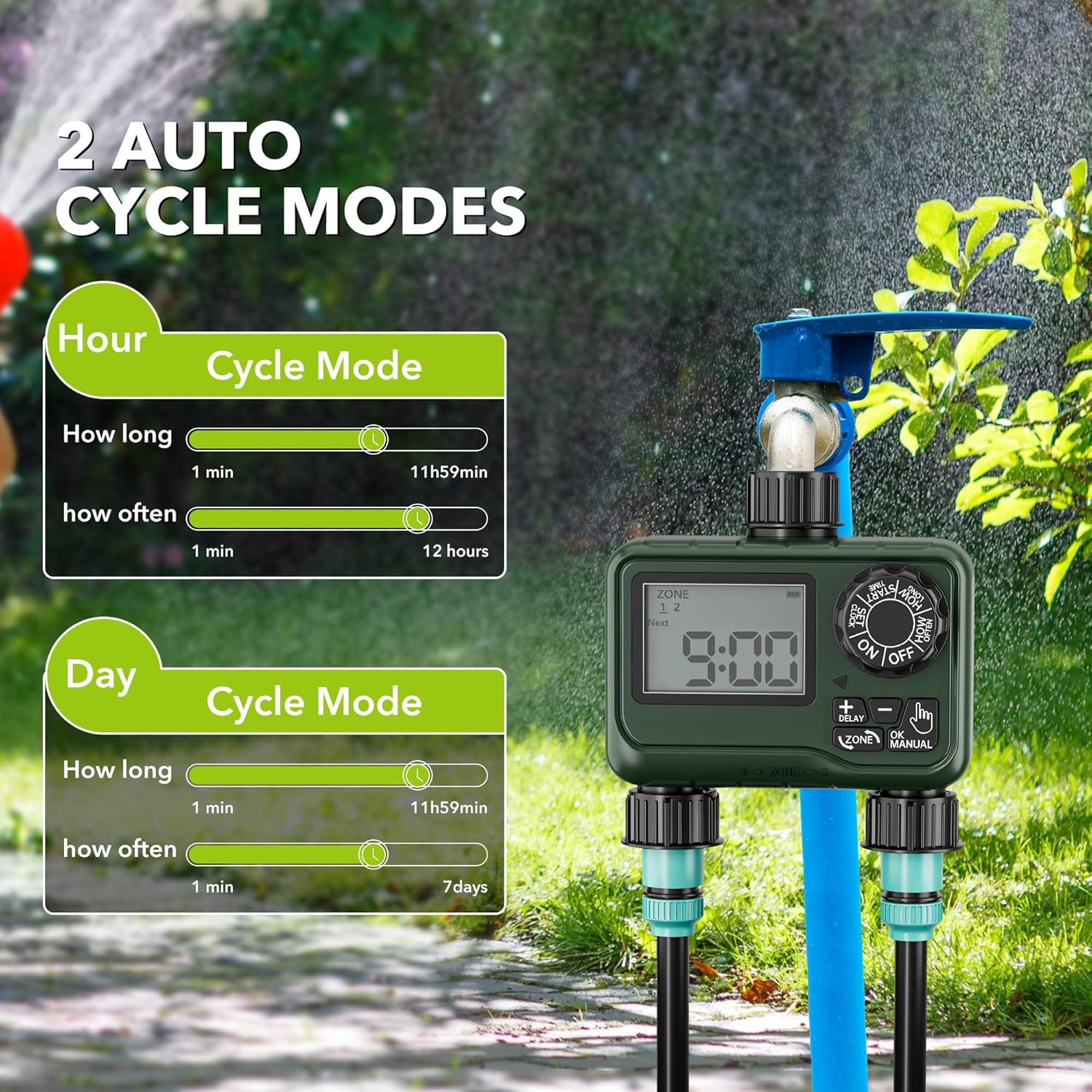BN-LINK Sprinkler Timer Outdoor - 2 Zone Programmable Water Timer with Rain Delay, Automatic Irrigation System for Lawns & Garden Hoses - Waterproof Manual Controller with Large LCD Display