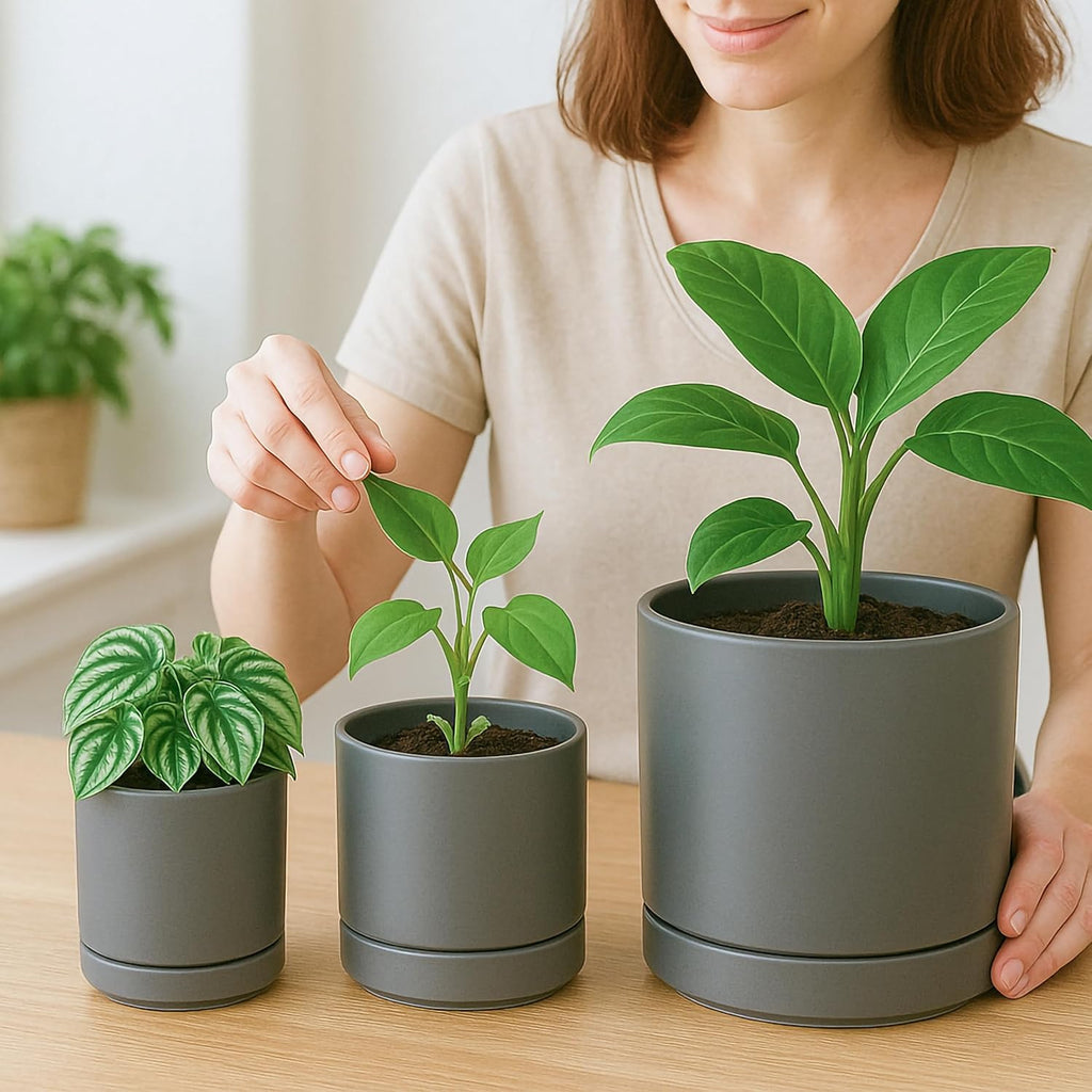 D'vine Dev 3 Inch & 4 Inch & 6 Inch, Set of 3 Round Ceramic Planter Pot with Drainage Hole and Saucer, Grey, 94-T-S-3