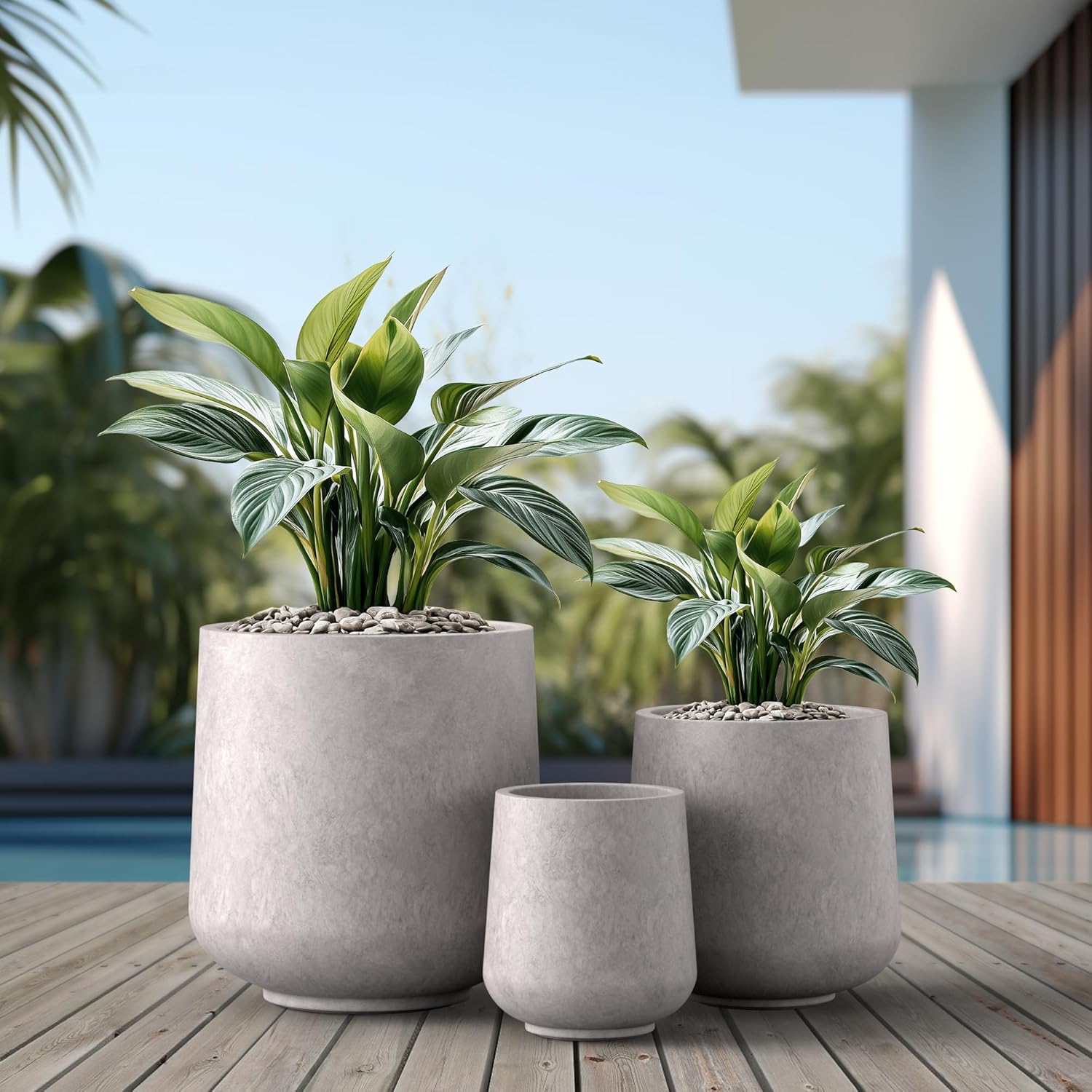Kante 15.3"+11.6"+8.2" Dia Round Concrete Planter, Large Outdoor Indoor Planter Pots Containers with Drainage Holes and Rubber Plug for Home Garden Patio, Light Gray