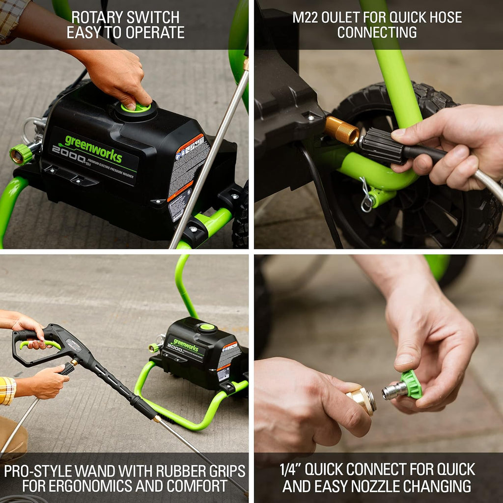 Greenworks 2000 PSI (13 Amp) Electric Pressure Washer (Wheels For Transport / 20 FT Hose / 35 FT Power Cord) Great For Cars, Fences, Patios, Driveways