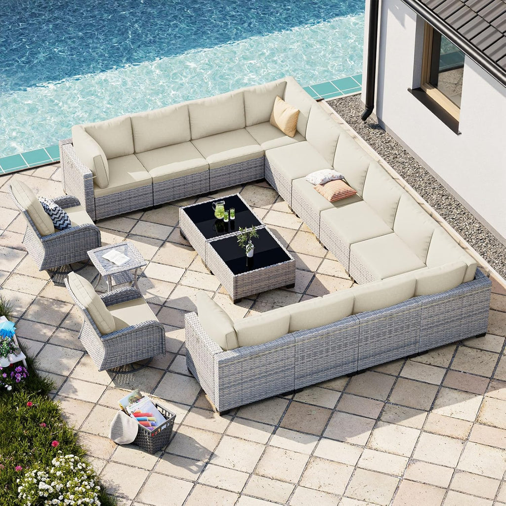 17-Piece Patio Furniture Set, Outdoor Patio Furniture with Swivel Chairs Set, Thick Cushions, Modular Patio Sofa, Dual-Strand Wicker Rattan, Rust-Resistant Frame, Ivory