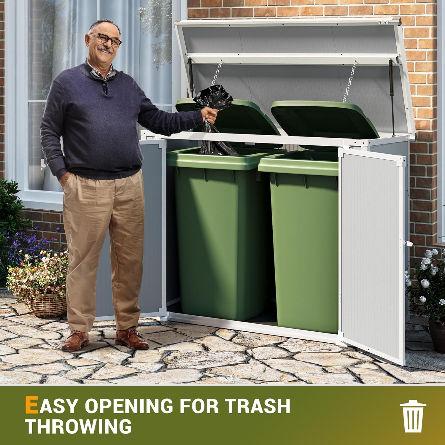 41 Cu.Ft Horizontal Outdoor Plastic Storage Shed/Box Trash Can Sheds Weatherproof Resin Shed with Floor Thickened & Gas Spring & Lockable Doors for Tools, Lawn Mower Storage（4.5 * 2.5 FT）