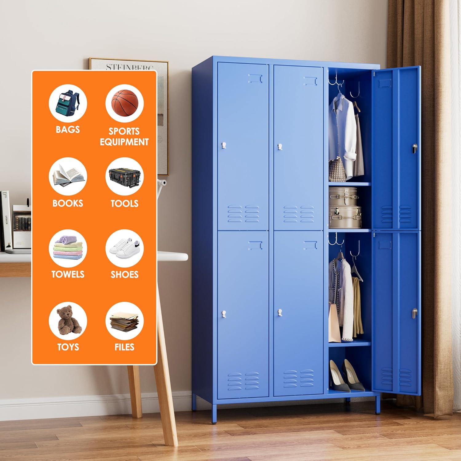 6 Doors Metal Lockers for Employees with 6 Shelves and 18 Hooks, Storage Locker with Business Card Holder for Office Gym School Bedroom, Assembly Required, Blue