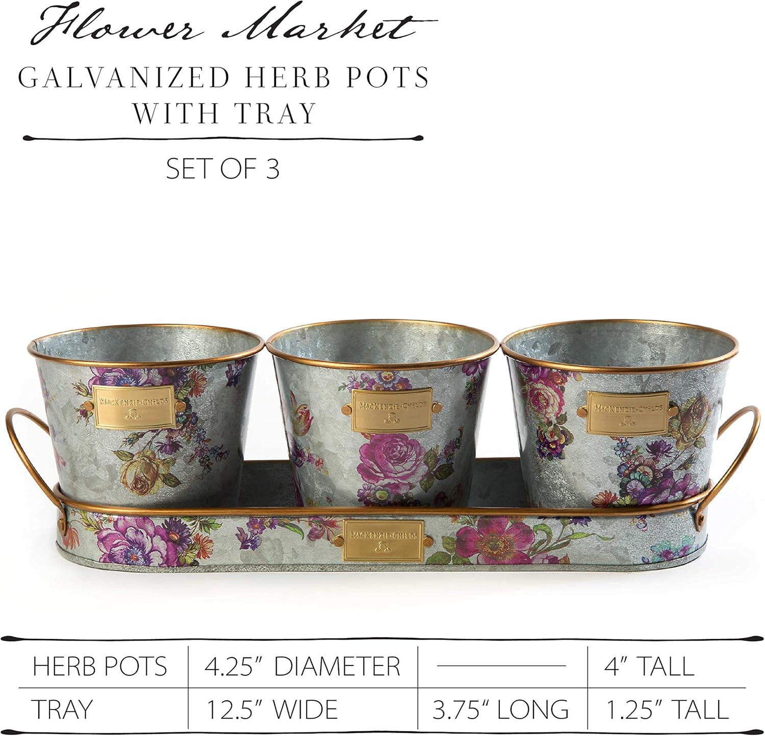 MACKENZIE-CHILDS Galvanized Herb Pots with Tray, Metal Herb Planters, Set of 3, Flower Market