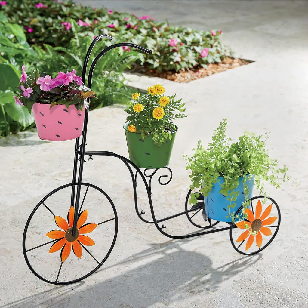 BAYN Bicycle Planter Stand, Metal Flower Pot Cart Holder with 3 Plant Bucket Outdoor Decorative for Patio, Deck, Garden or Lawn