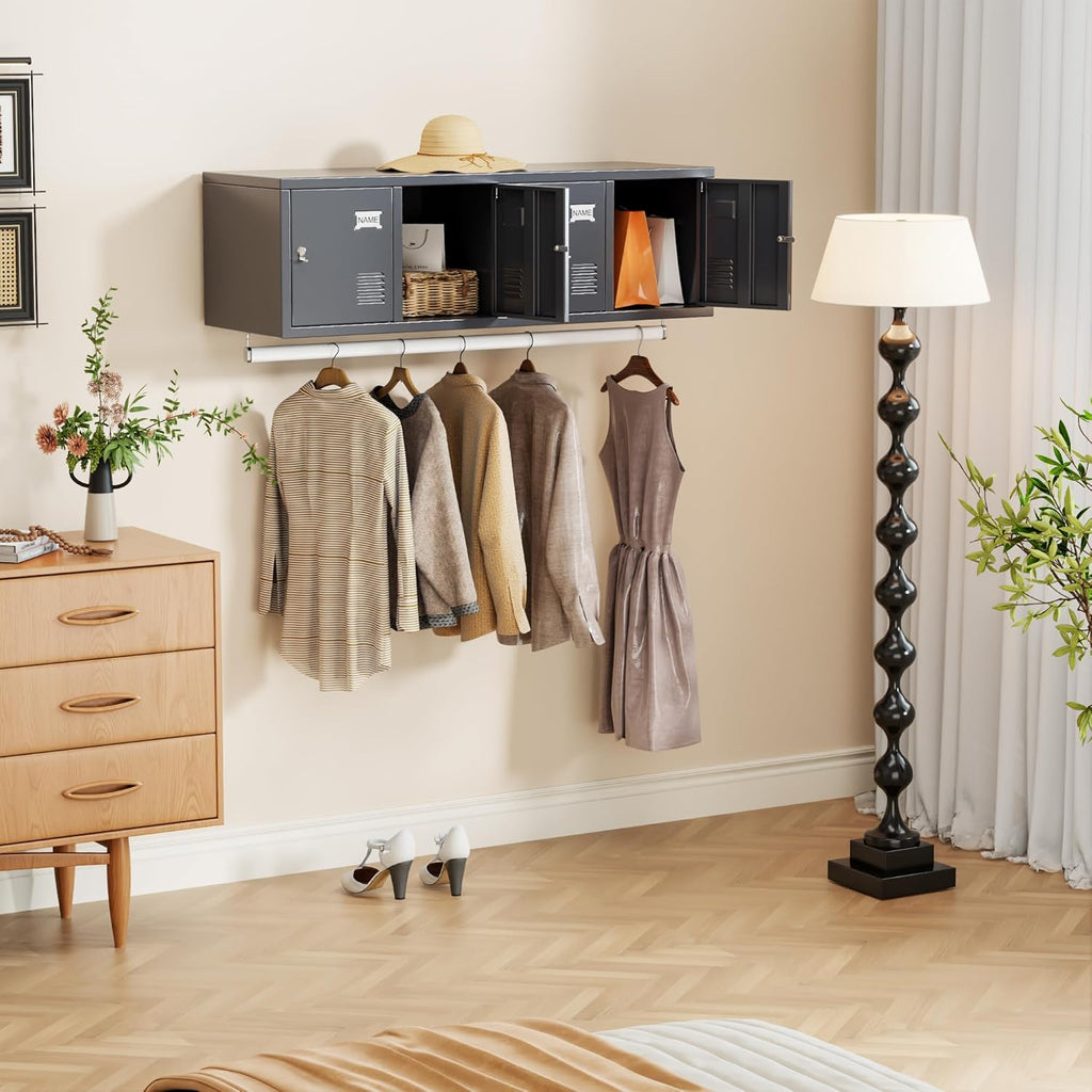 Metal 4 Doors Locker Cabinet with Hanging Rod, Wall-Mounted Storage Lockers for Home, Office, Garage, Storage, Assembly Required, Dark Gray