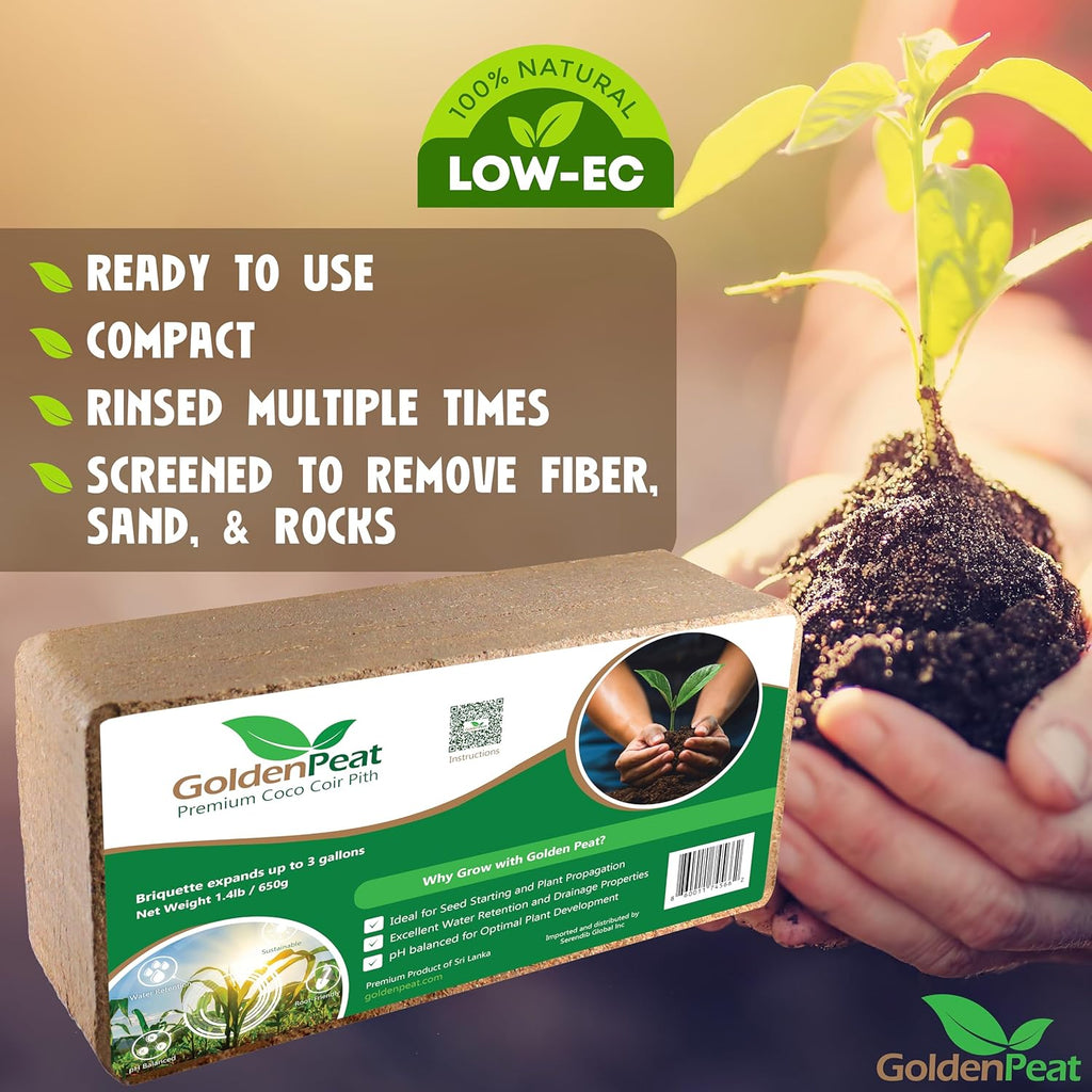 Organic Coconut Peat Bricks (650g X 6 Pack) - Low EC, Sustainable Growing Medium for Gardens, pots, and Seed Starters. Just add Water to Transform Each Brick into 8-10L of Fluffy Nutrient-Rich Coir