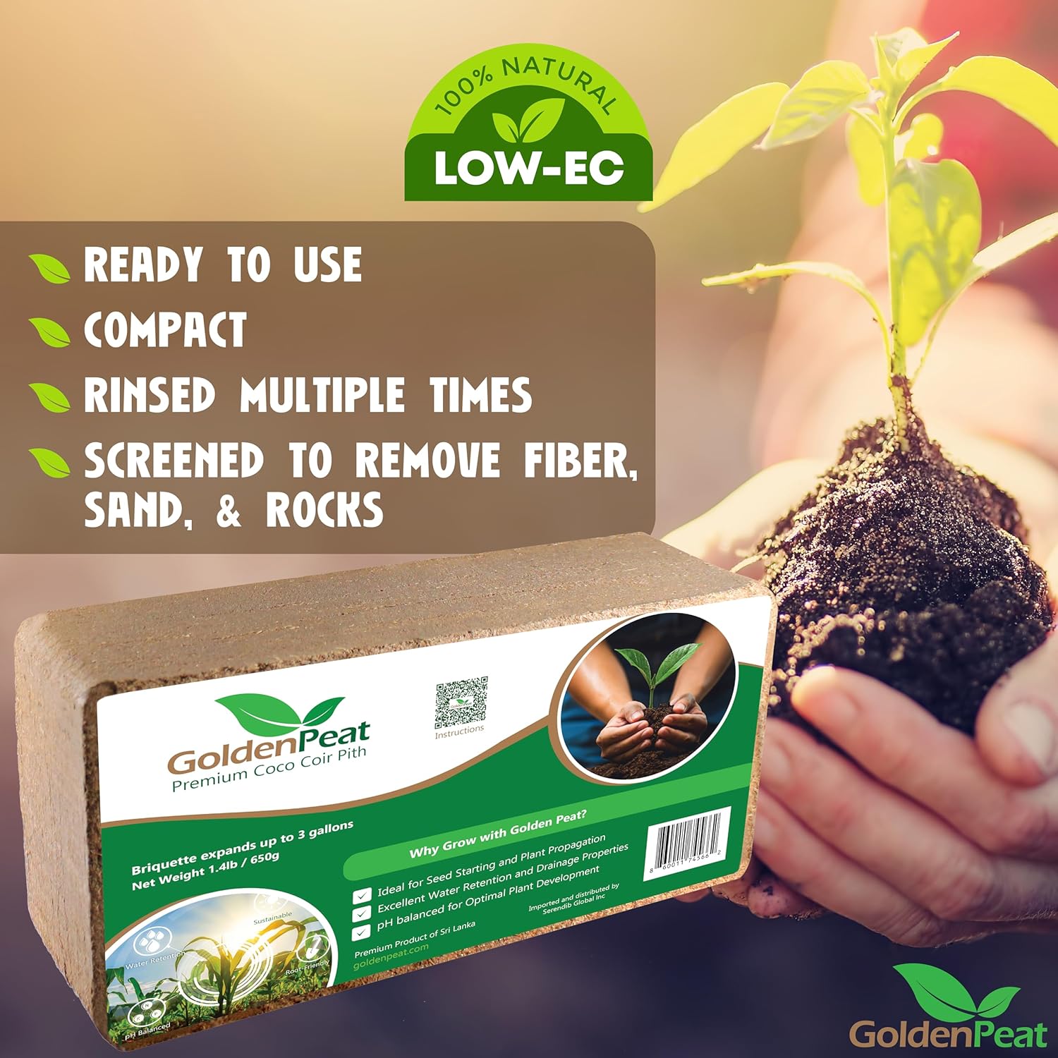 Organic Coconut Peat Bricks (650g X 6 Pack) - Low EC, Sustainable Growing Medium for Gardens, pots, and Seed Starters. Just add Water to Transform Each Brick into 8-10L of Fluffy Nutrient-Rich Coir