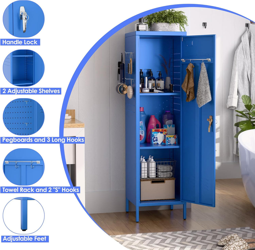 METAN Metal Storage Lockers with Handle Lock and 2 Adjustable Shelves,Office Storage Locker with Pegboards and Hooks,Assembly Required,Blue