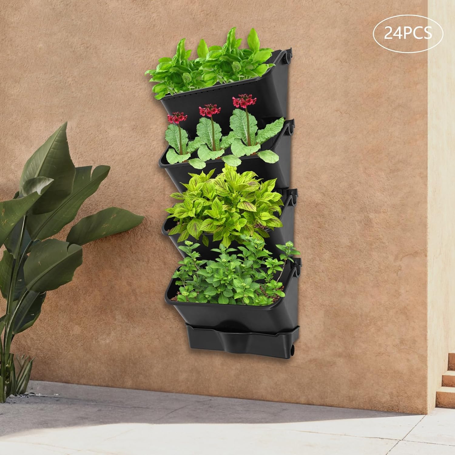 24Pack Vertical Wall Planter, 13 inch Wall Mounted Garden Planters, Stackable Wall Hanging Planter, Plastic Flower Pot with 4 Drainage Tray & 6.56FT Drainage Pipe for Indoor and Outdoor (Black)
