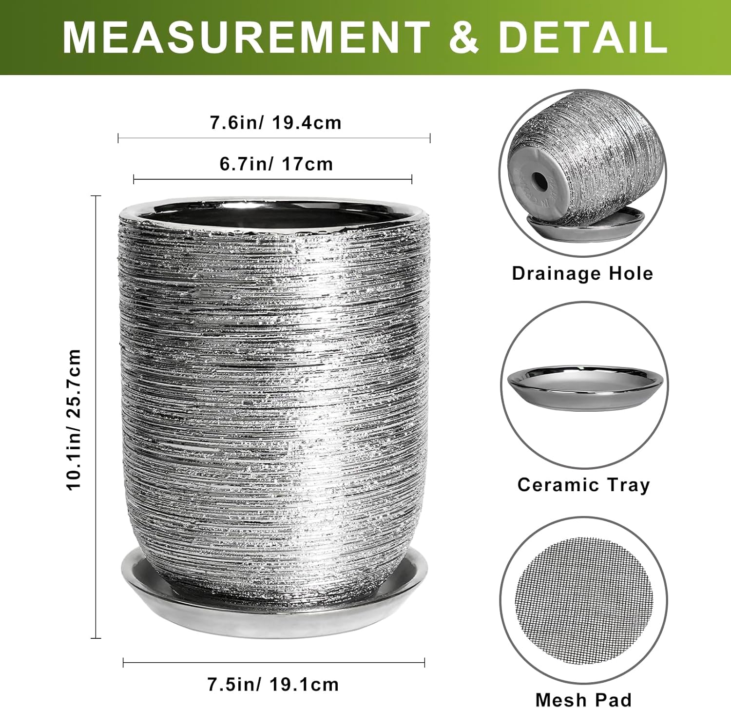 Ceramic Flower Pot for Plants - 8 Inch Plant Pot Indoor with Drainage Hole and Saucer, Cylinder Modern Outdoor Round Planter, Gardening Gifts for Women Men, Garden Office Decor, Silver