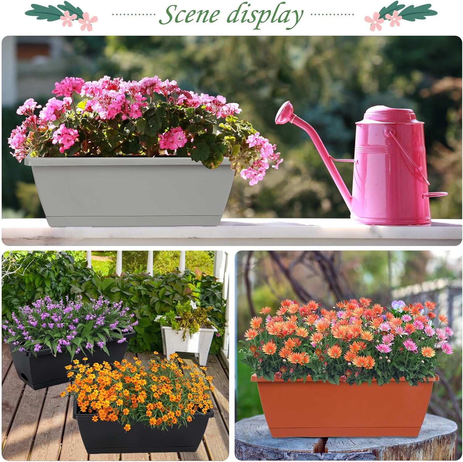 12Pcs 17Inches Rectangle Planter Box with Drainage Holes and Trays Plastic Planters Flower Boxes Pots for Indoor Outdoor Plants Patio Garden Home Decor Porch Yard (Gray)