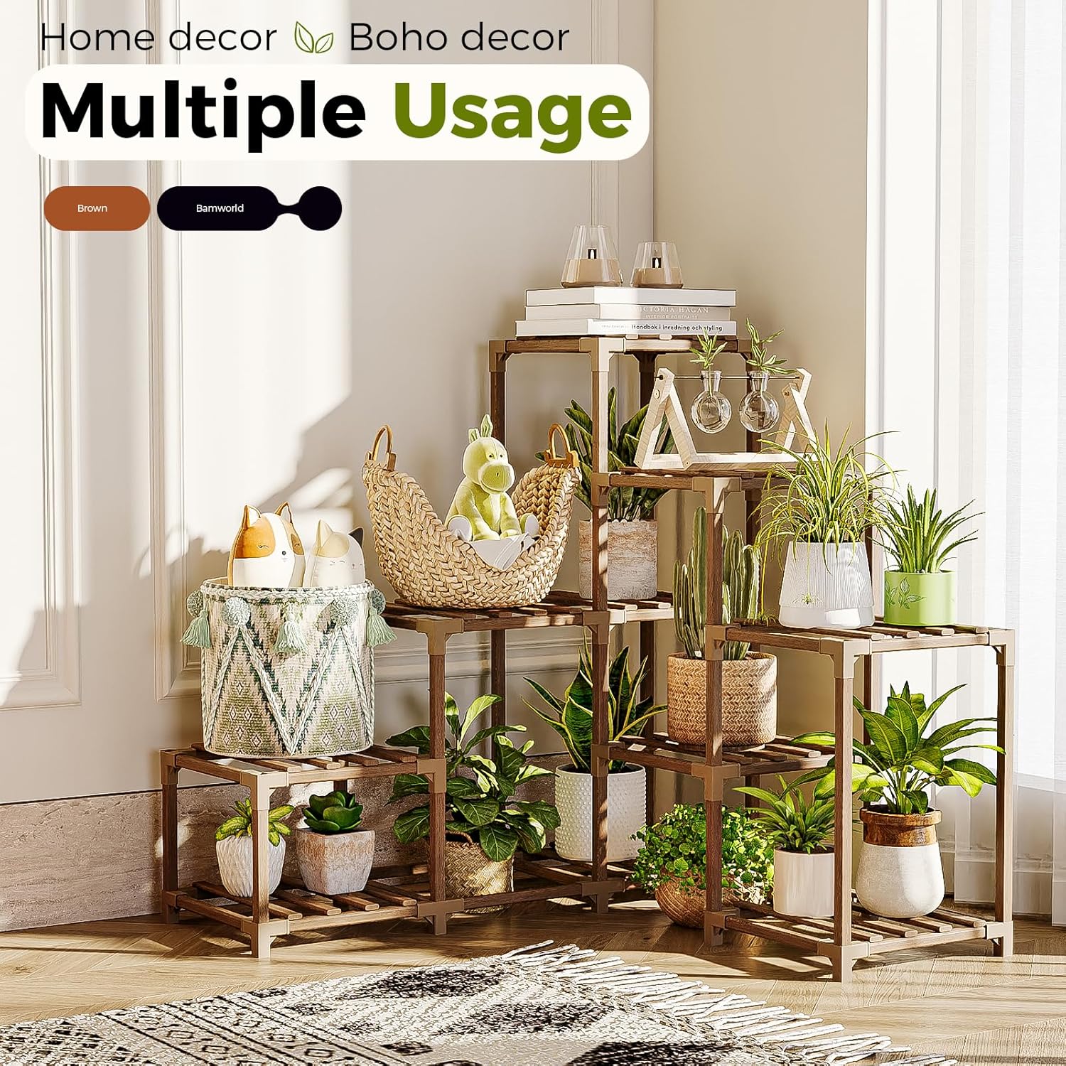 Bamworld Plant Stand Indoor Corner Plant Shelf Outdoor for Multiple Plants Wood Flower Stand Ladder Plant Table for Plant Pots for Window Garden Balcony Living Room