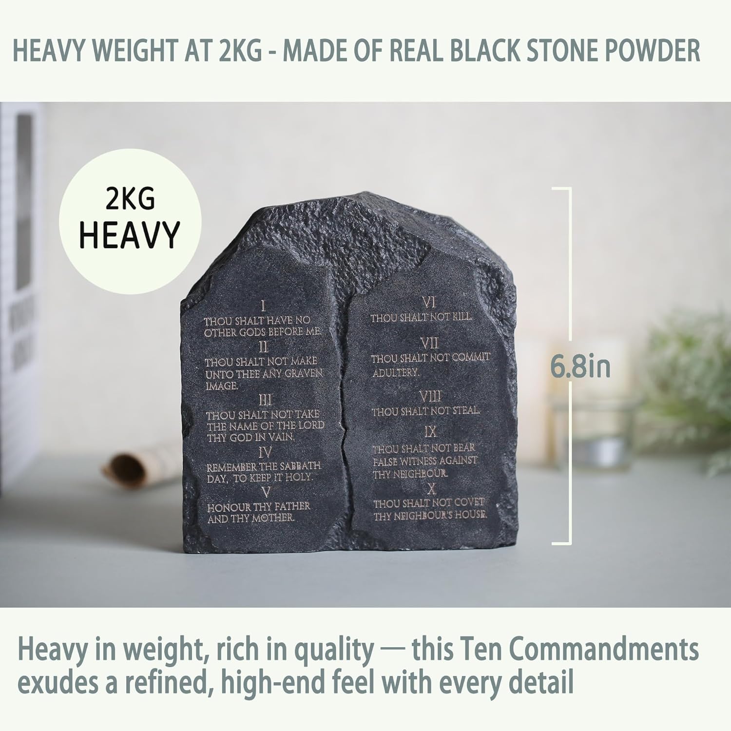 Ten Commandments Tabletop Decor - 6.8-Inch Black Stone Religious Sculpture for Home, Office, or Religious Decor Inspritional Table Decor