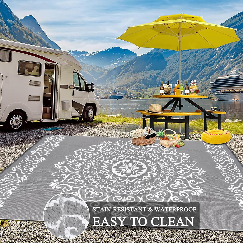 Pauwer Waterproof Outdoor Rug 8x10, Reversible Plastic Straw Patio Camping Rug, Indoor Outdoor RV Mat Carpet for Deck, Camper, Porch, Balcony, Backyard, Picnic, Floral Grey