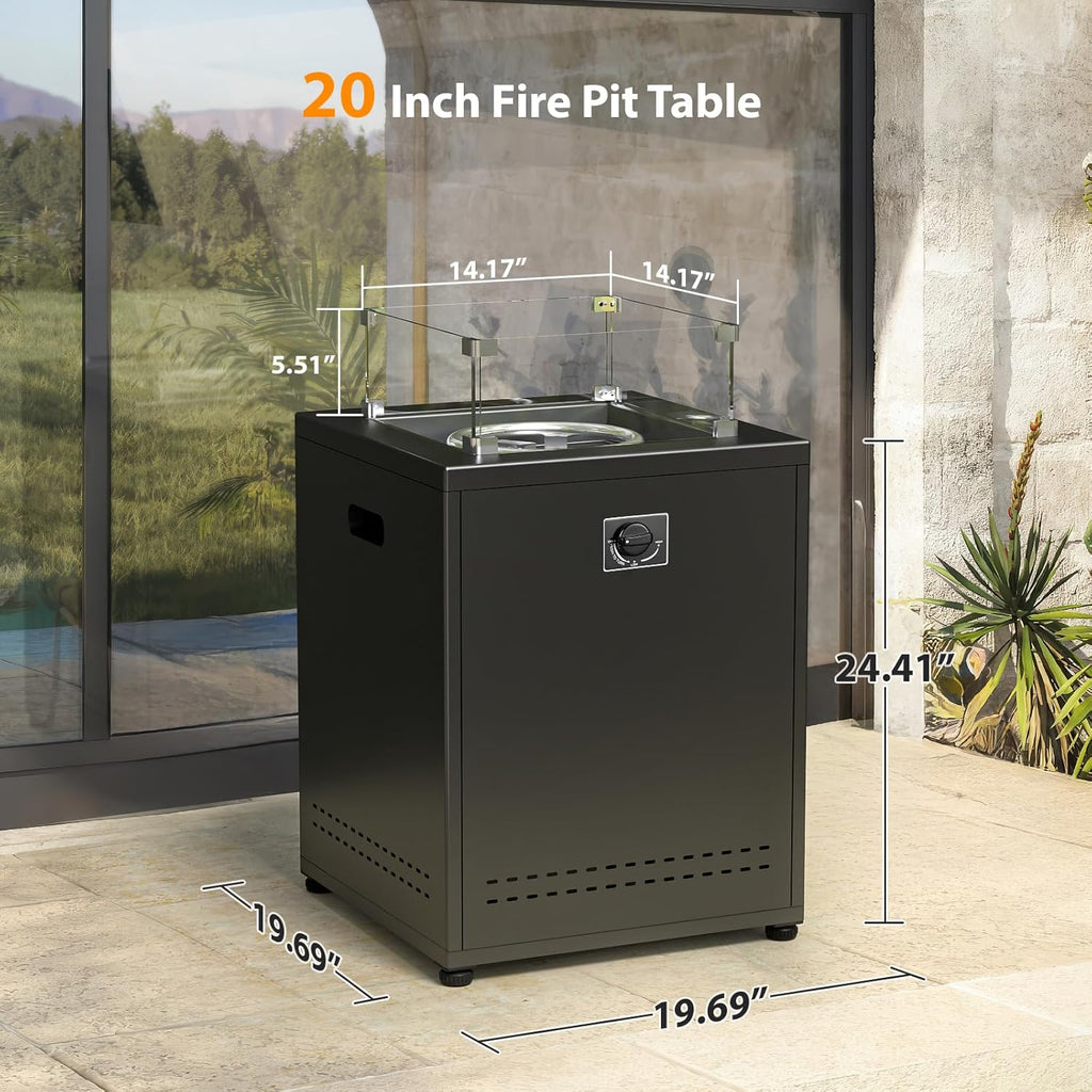 Fire Pit Table Propane Smokeless Fire Pit Outside Heater Patio with Lava Rocks，Glass Wind Guard and Cover,20" Square Fire Pit Table for Balcony Garden Outdoor Camping Deck Backyard,Black