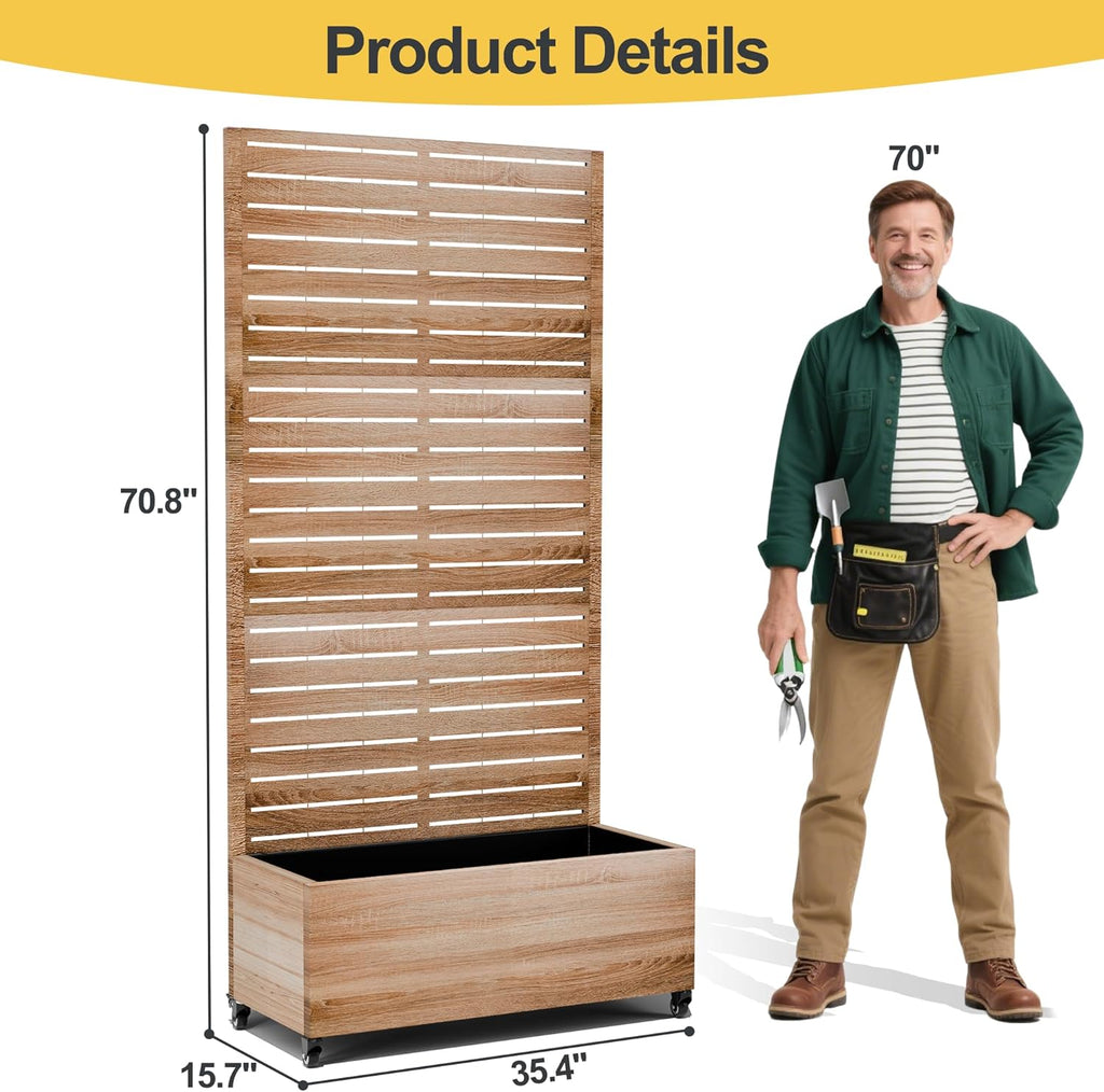 Raised Garden Bed with Trellis and Wheels,73"x47"x16" Metal Raised Garden Bed,Wood Finish Metal Planter with Climbing Trellis for Vines & Vegetables