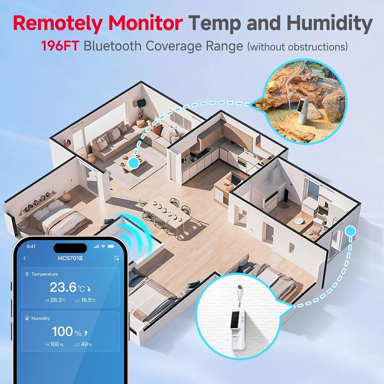 Solar Bluetooth Temperature & Humidity Monitor, Wireless Thermometer with Date Storage, Real-Time Alerts, 262 Feet Connecting Range, Apply for Room Greenhouse, Pet Cages, 3pack