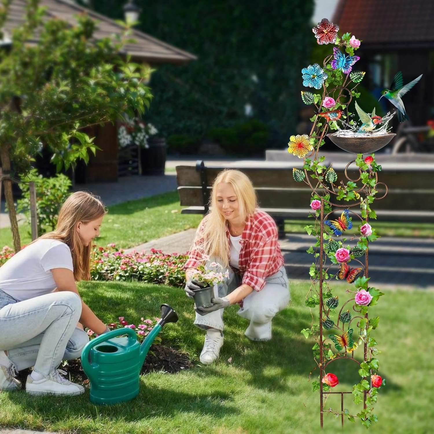 57” Bird Bath with Garden Trellis for Climbing Plants Outdoor, Small Decorative Metal Birdbath Bird Baths, Butterfly (Butterfly)