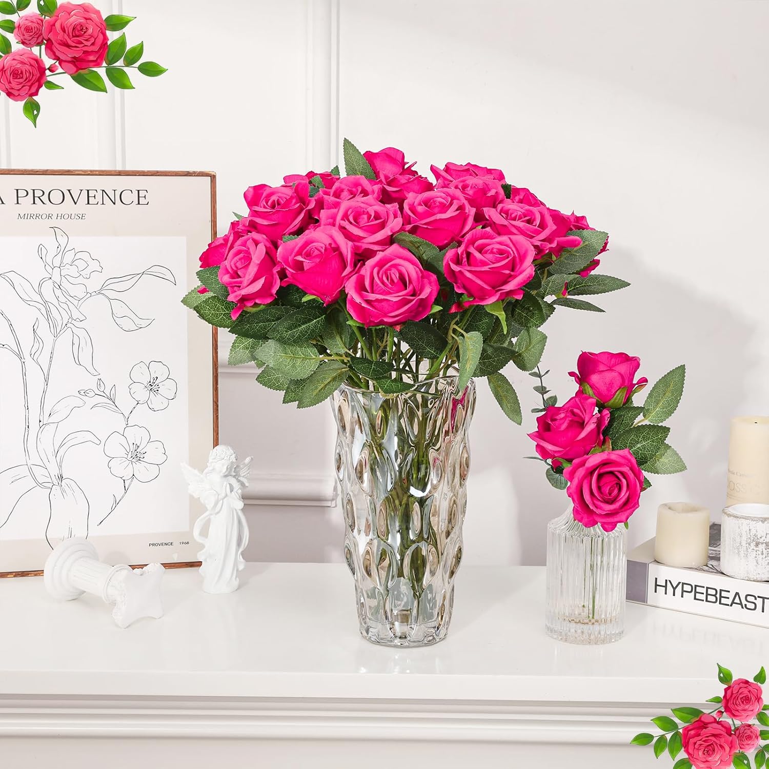 36 Pcs Hot Pink Artificial Roses with Long Stems, Fake Silk Rose Artificial Flowers Bulk for Bridal Wedding Bouquet Centerpiece Ball Arrangement Party Decor