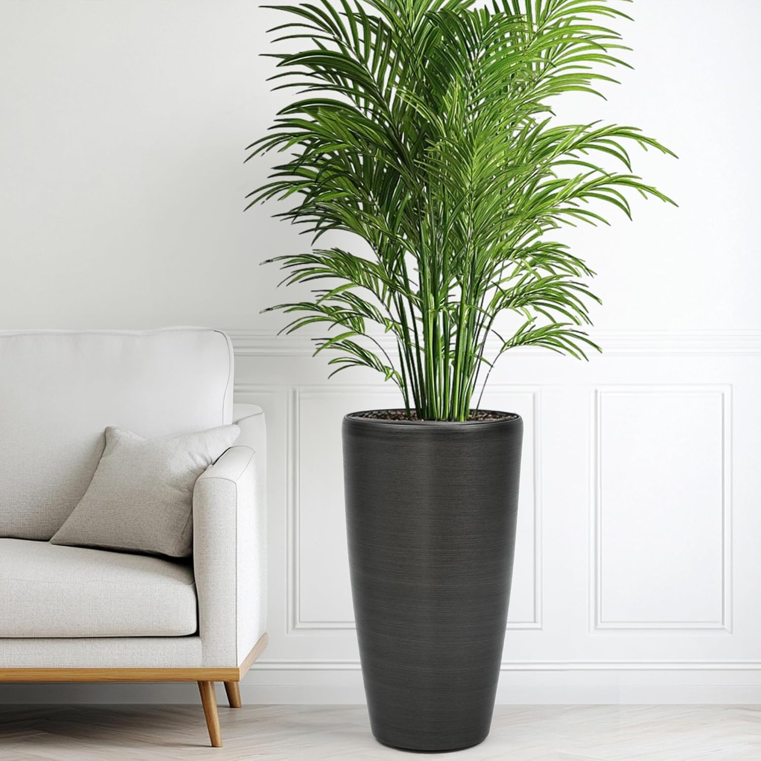 22.8" Large Tall Pot Planters, Set of 2 Modern Flower Pots with Handmade Brushed Metal Finish, Weather-Resistant for Indoor/Outdoor Year-Round Use