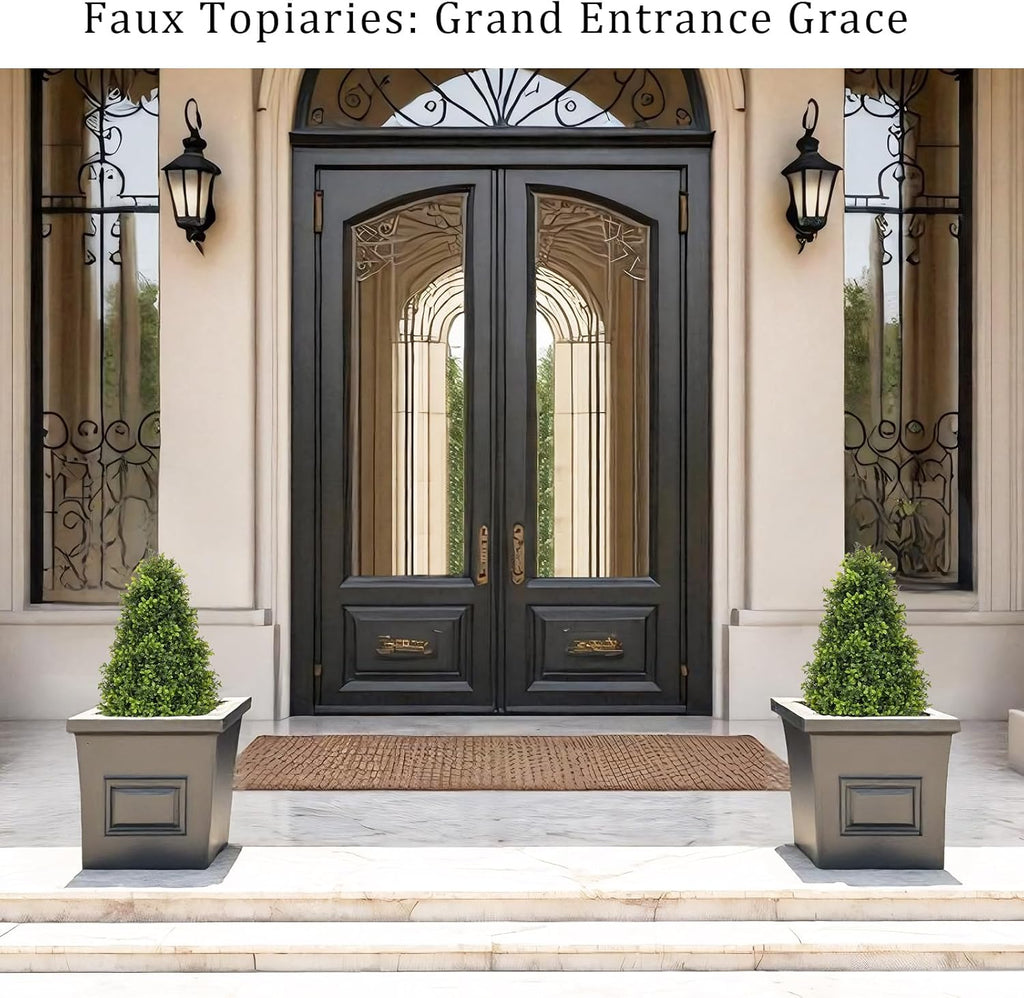 30" Artificial Boxwood Faux Plants Outdoor, UV Resistant Topiary Trees Realistic Cone-Shaped Fake Bushes and Shrubs Potted Fakeplants Set of 2 for Front Porch Patio Outside Planter Decor