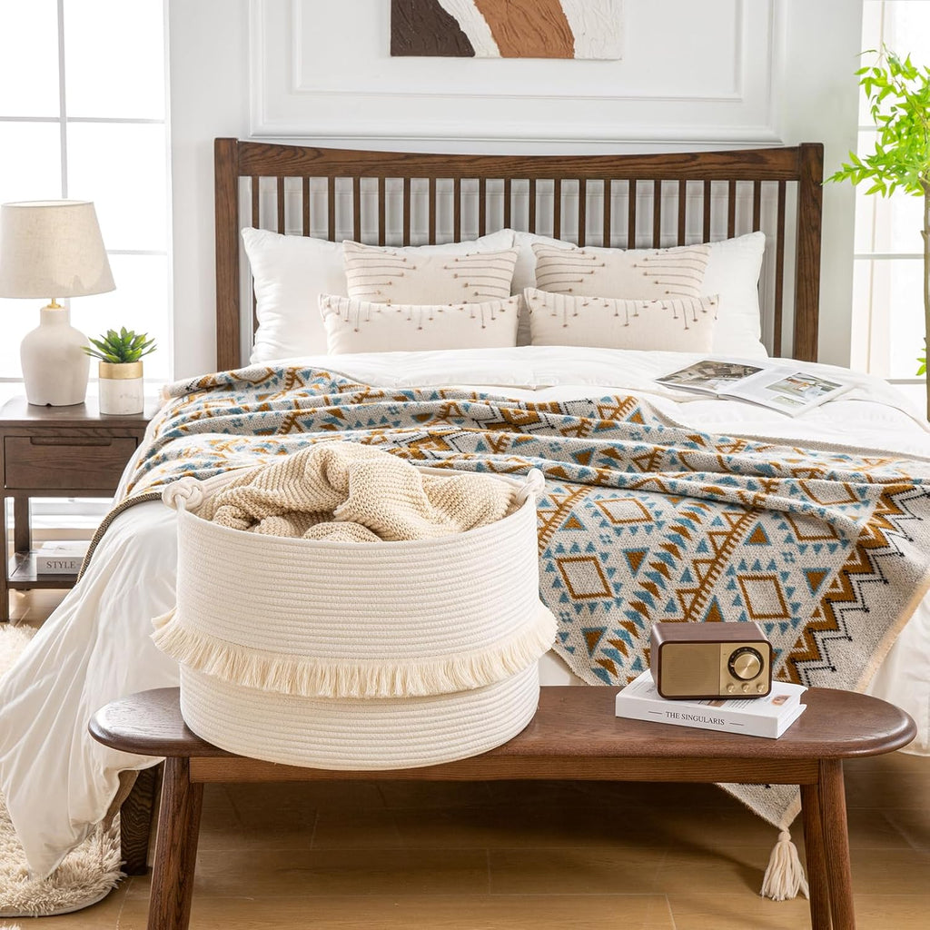 KAKAMAY Large Blanket Basket (20"x13"),Woven Baskets for storage Baby Laundry Hamper, Cotton Rope Blanket Basket for Living Room, Laundry, Nursery, Pillows, Baby Toy chest (White)