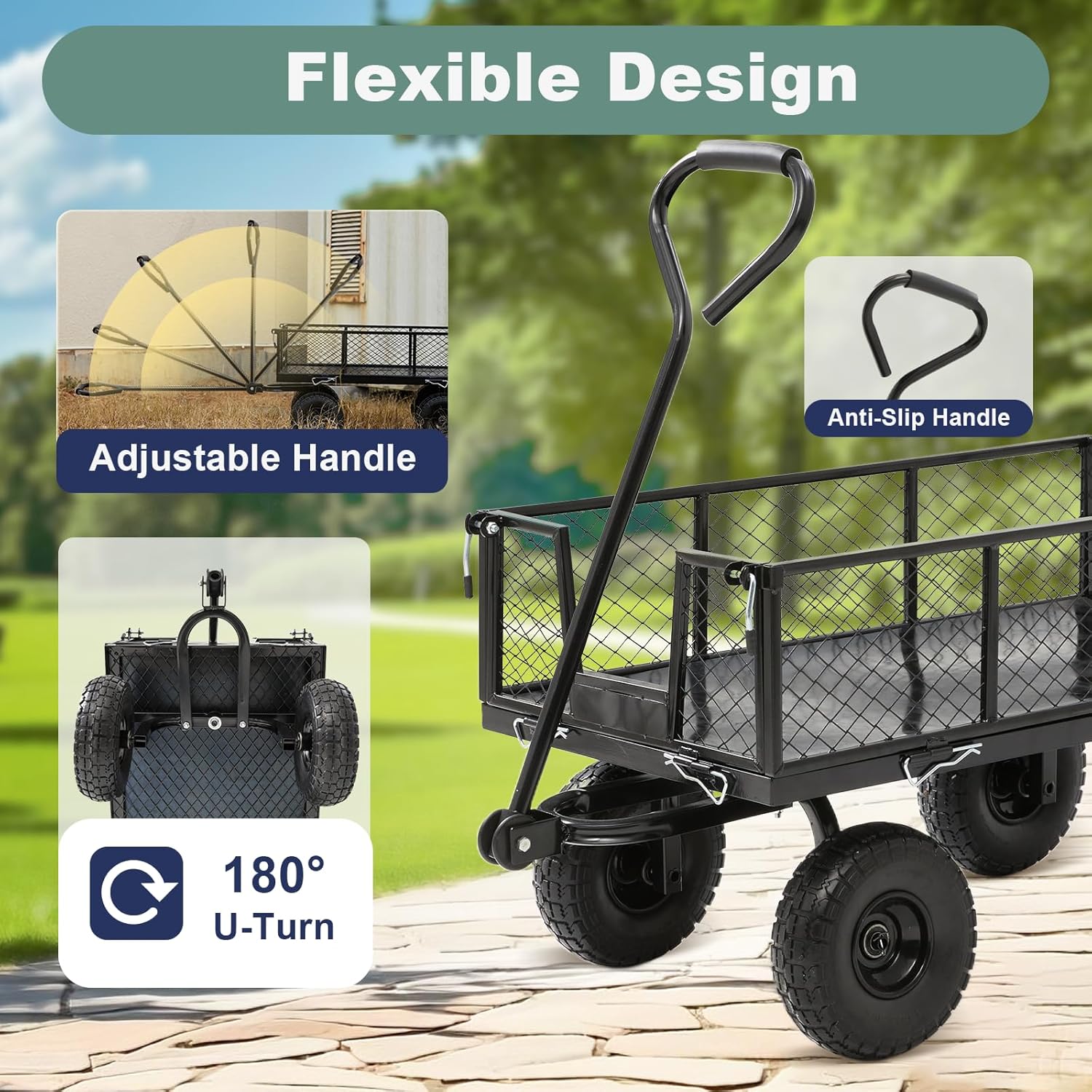 Garden Wagon Cart Heavy Duty 880 LBS Steel Utility Cart with All-Terrains 3.50-4" Solid Wheels 10" Tires, 180° Rotating Handle, Removable Sides, Laser-Welded Frame & Multi-Surface
