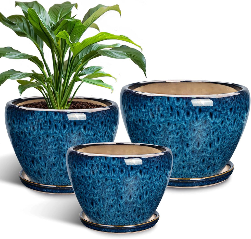 Ceramic Plant Pots Indoor, 10 Inch 8 Inch 6 Inch Round Planters Pots for Indoor Outdoor Plants, Modern Large Flower Pots with Drainage Holes and Saucers, Set of 3, Blue